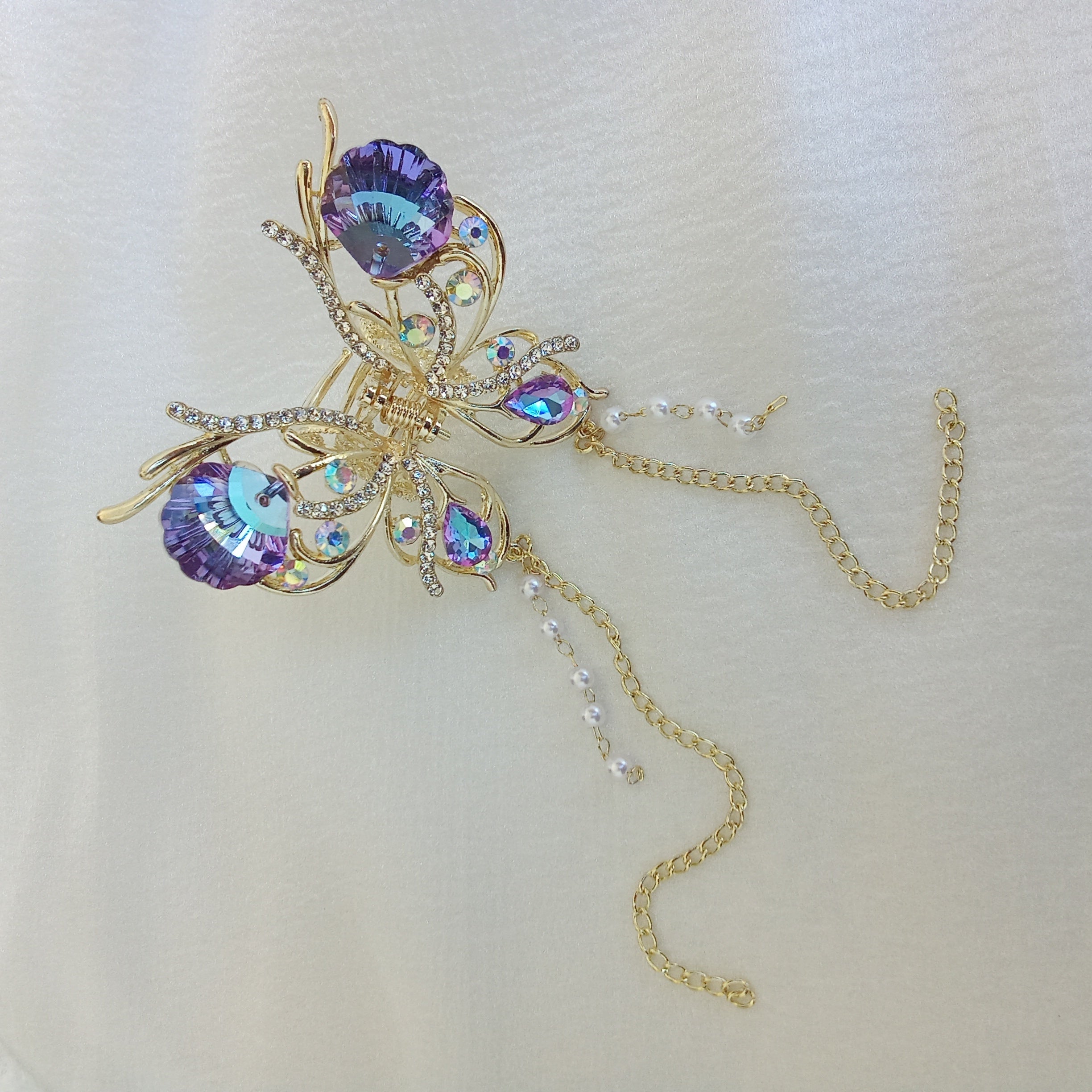 Gold-Tone Shimmering Butterfly with Dangling Pearls & Gold Chain - Hair Claw Clip - Purple