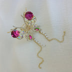 Gold-Tone Shimmering Butterfly with Dangling Pearls & Gold Chain - Hair Claw Clip - Magenta