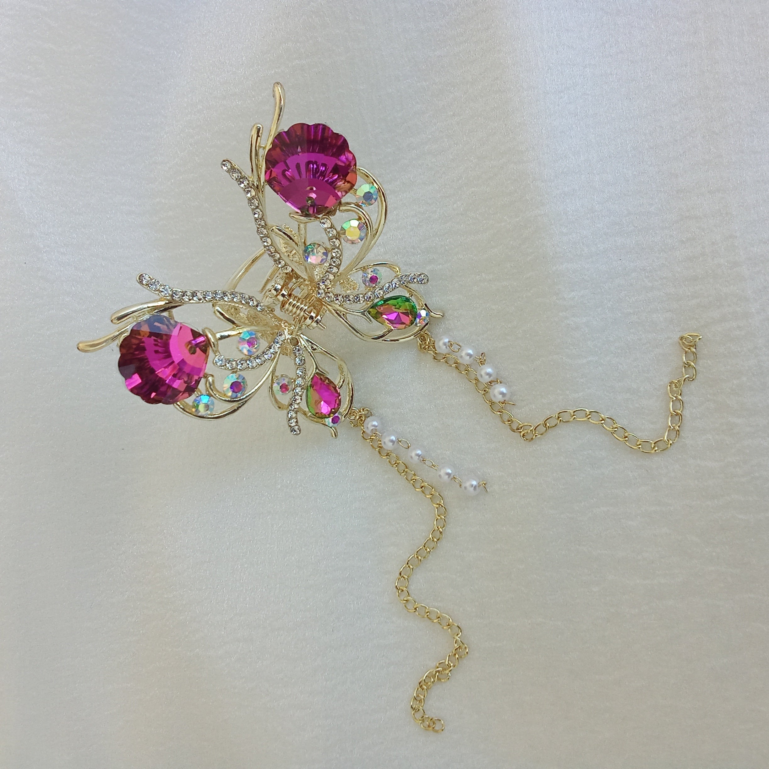 Gold-Tone Shimmering Butterfly with Dangling Pearls & Gold Chain - Hair Claw Clip - Magenta