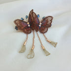 Rose Gold-Tone Twin Butterfly Embroidered Barrette Hair Clip - Coffee Brown