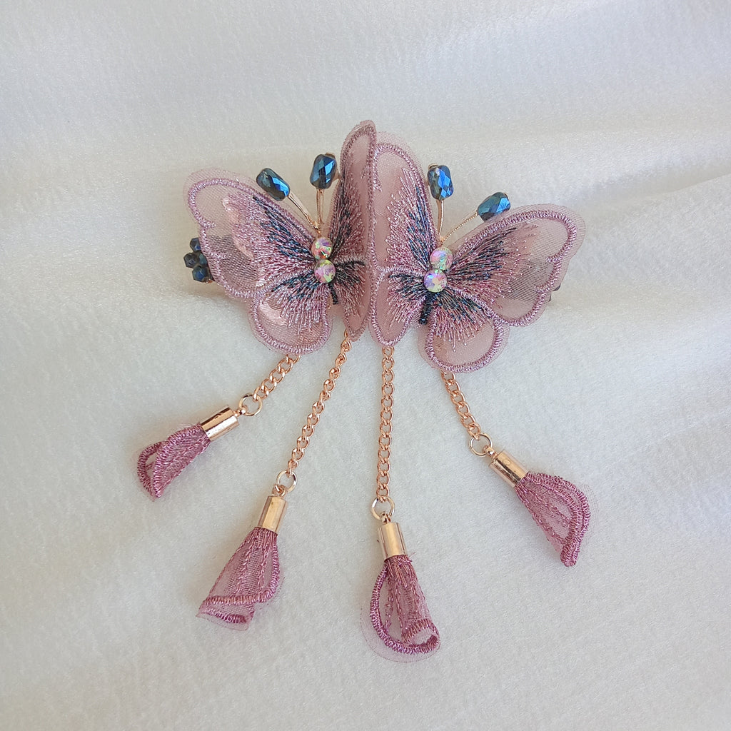 Rose Gold-Tone Twin Butterfly Embroidered Barrette Hair Clip - Pink