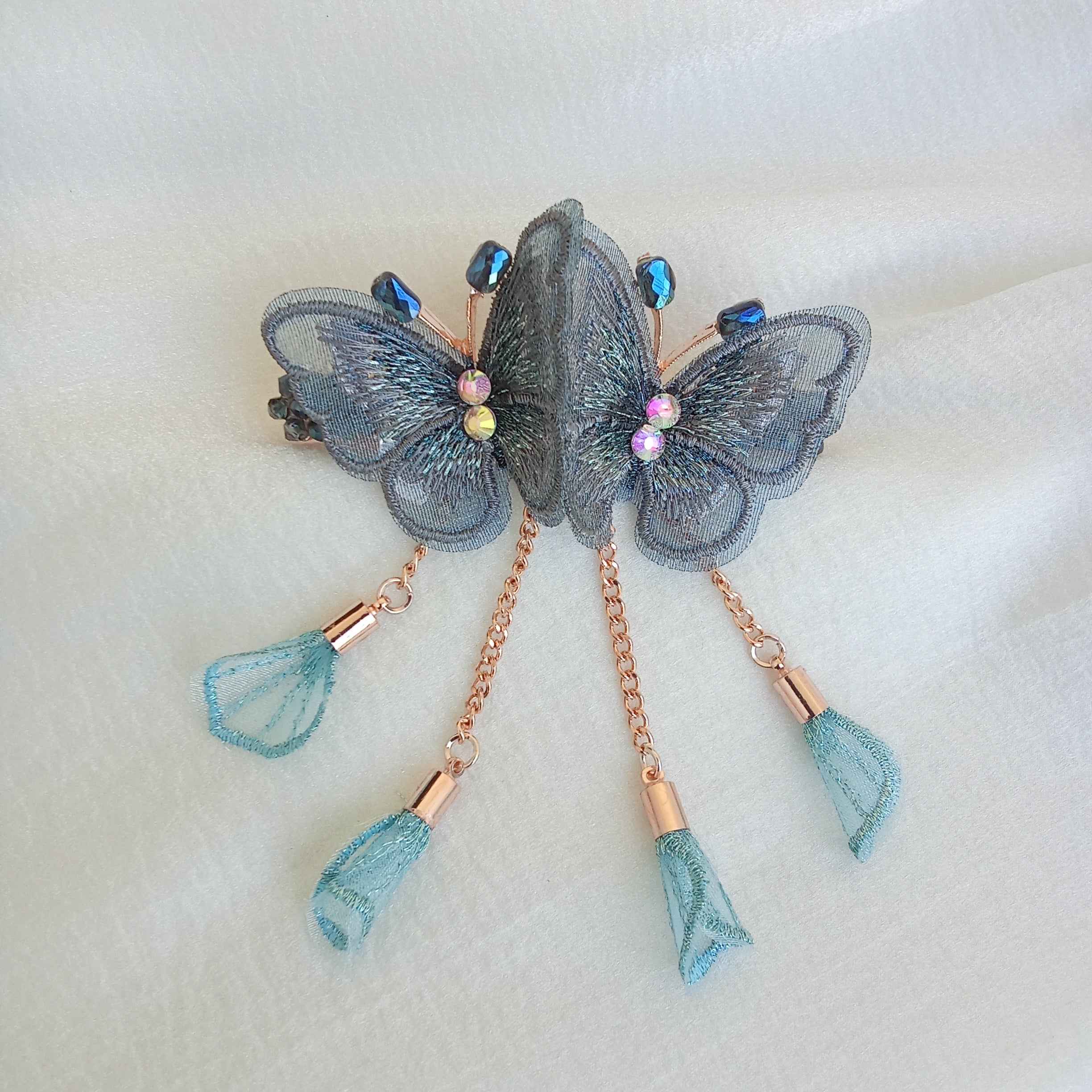 Rose Gold-Tone Twin Butterfly Embroidered Barrette Hair Clip - Blue Grey