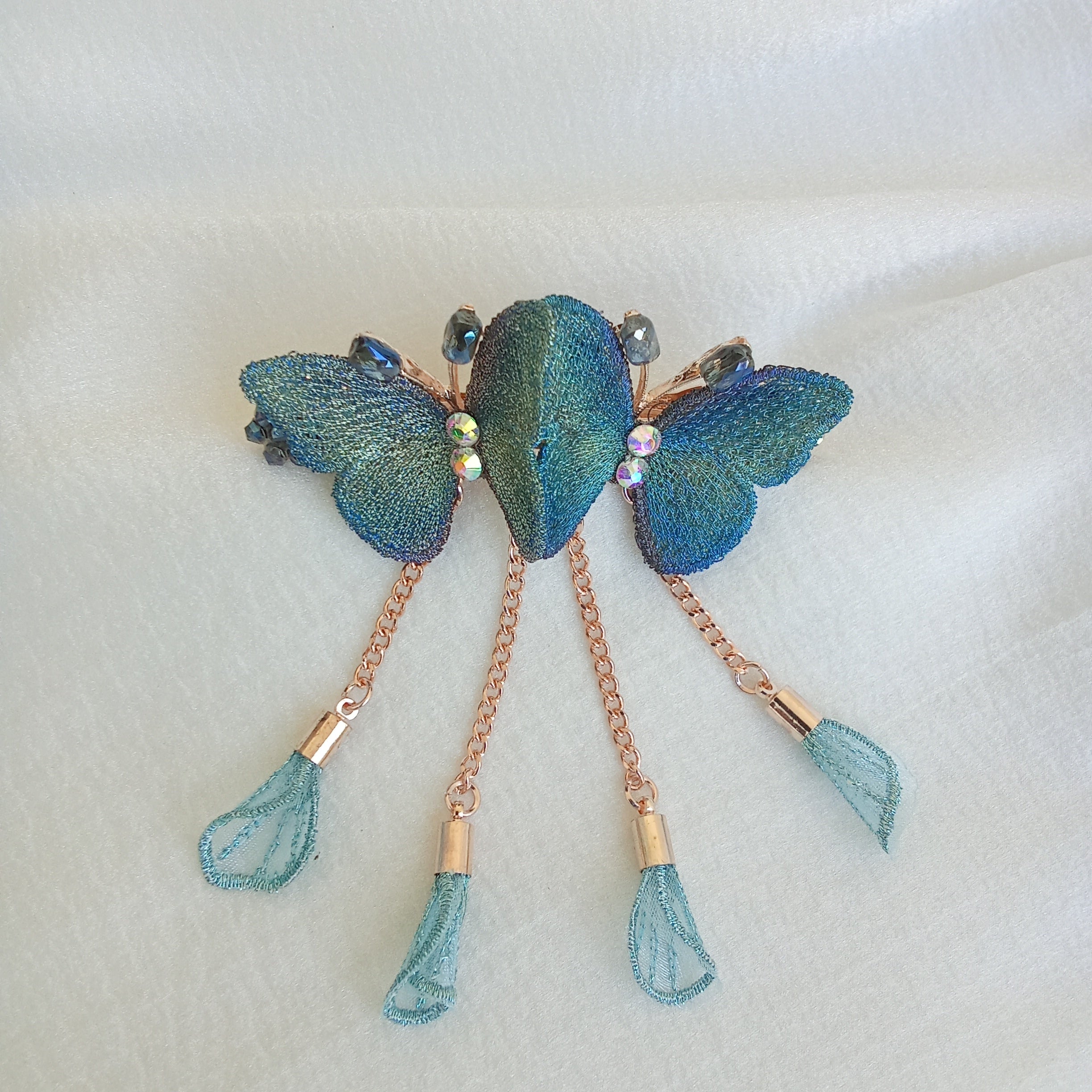 Rose Gold-Tone Twin Butterfly Embroidered Barrette Hair Clip - Blue