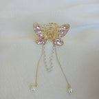 Gold-Tone Butterfly Hair Claw Clip with Pink Crystals & Dangling Pearl Chains