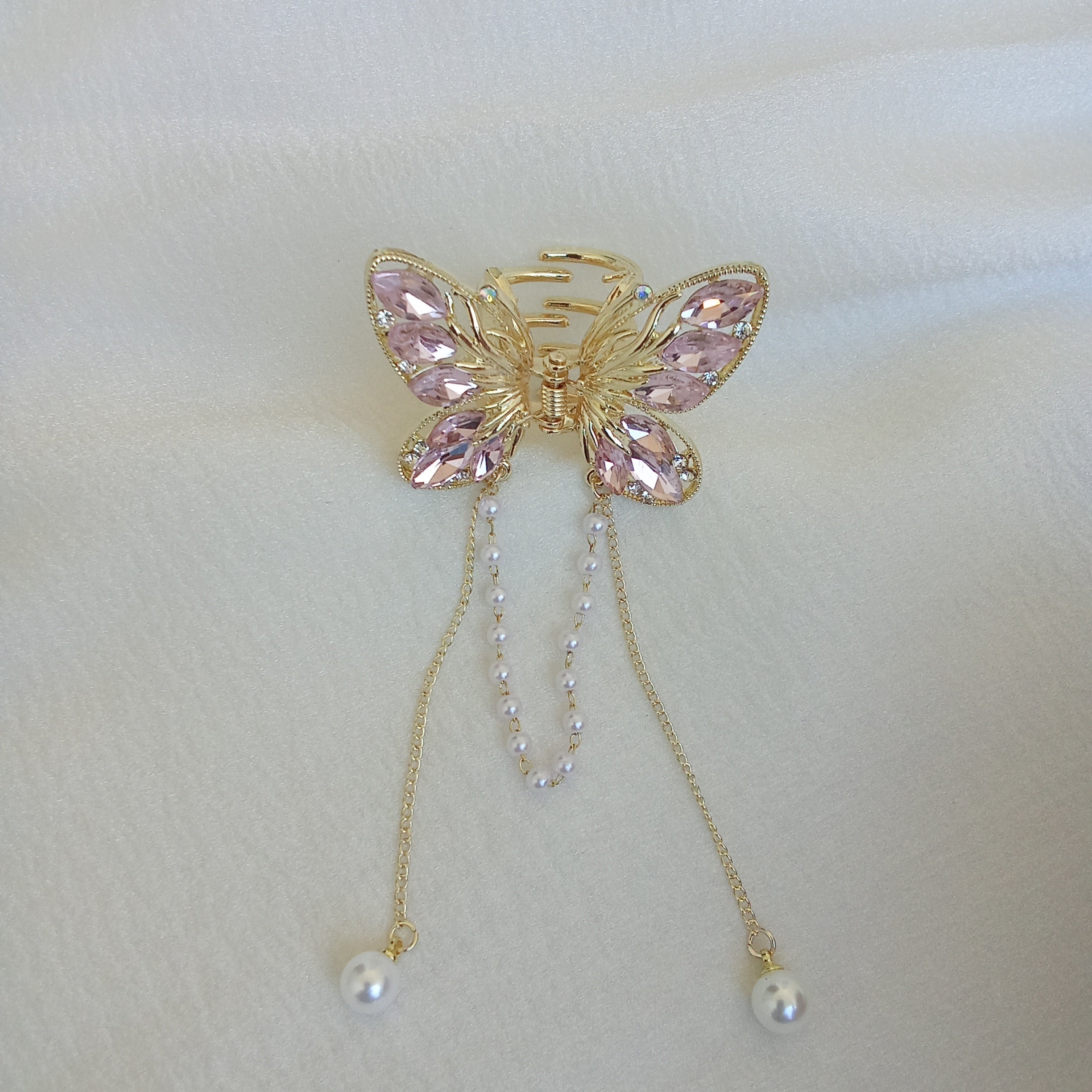 Gold-Tone Butterfly Hair Claw Clip with Pink Crystals & Dangling Pearl Chains