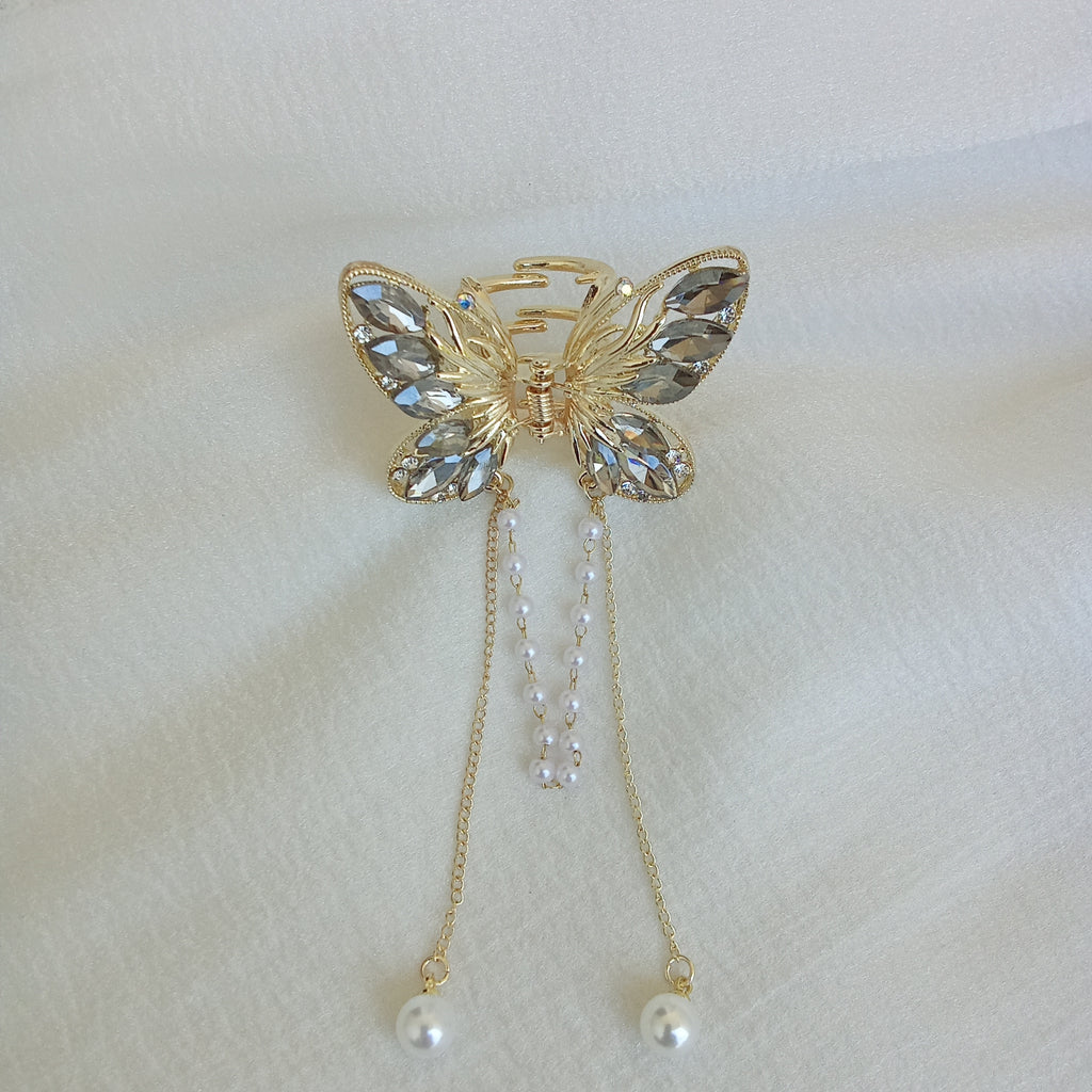 Gold-Tone Butterfly Hair Claw Clip with Grey Crystals & Dangling Pearl Chains