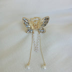 Gold-Tone Butterfly Hair Claw Clip with Grey Crystals & Dangling Pearl Chains