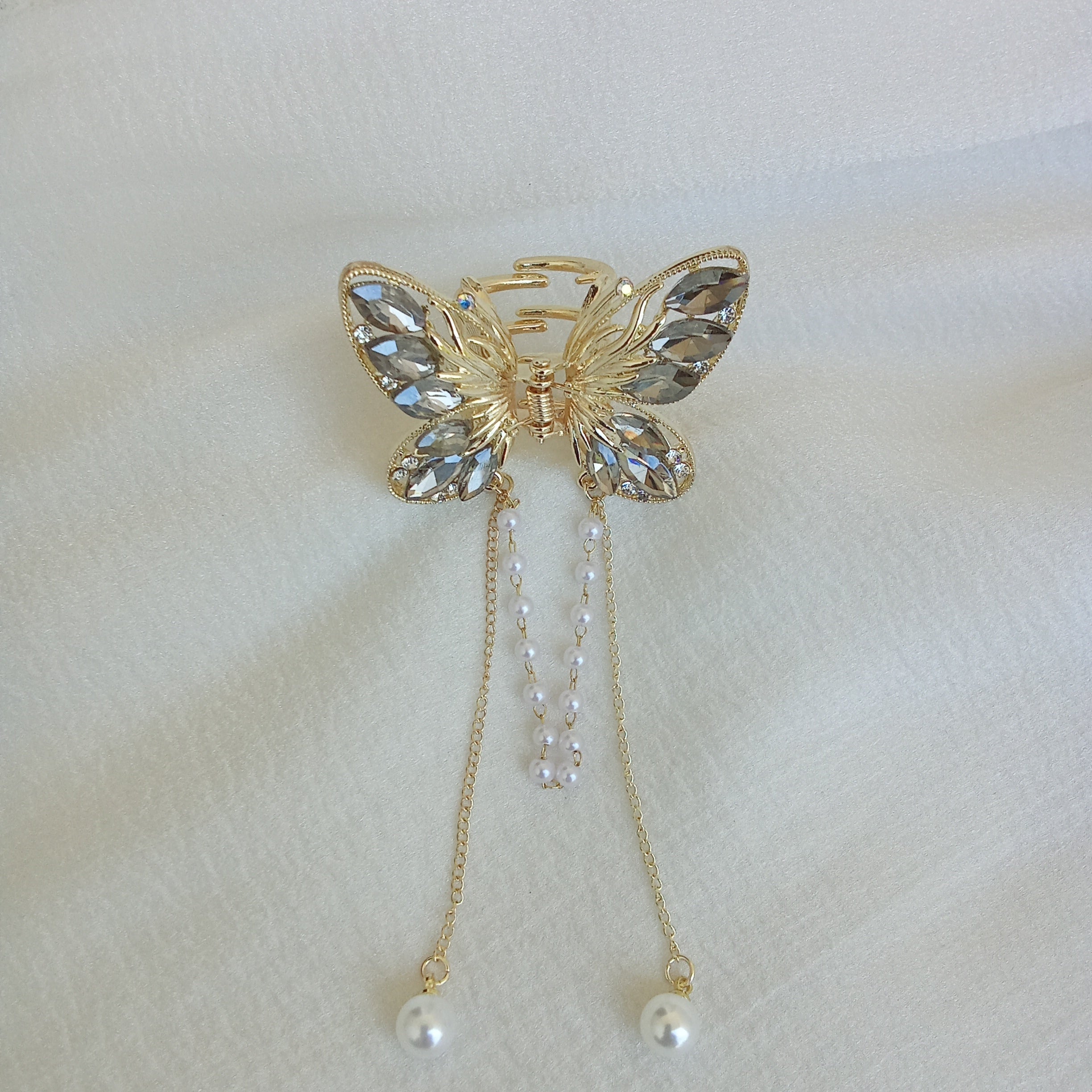 Gold-Tone Butterfly Hair Claw Clip with Grey Crystals & Dangling Pearl Chains