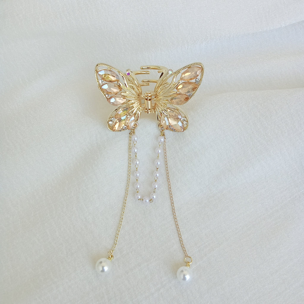 Gold-Tone Butterfly Hair Claw Clip with Peach Crystals & Dangling Pearl Chains