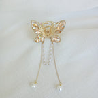 Gold-Tone Butterfly Hair Claw Clip with Peach Crystals & Dangling Pearl Chains