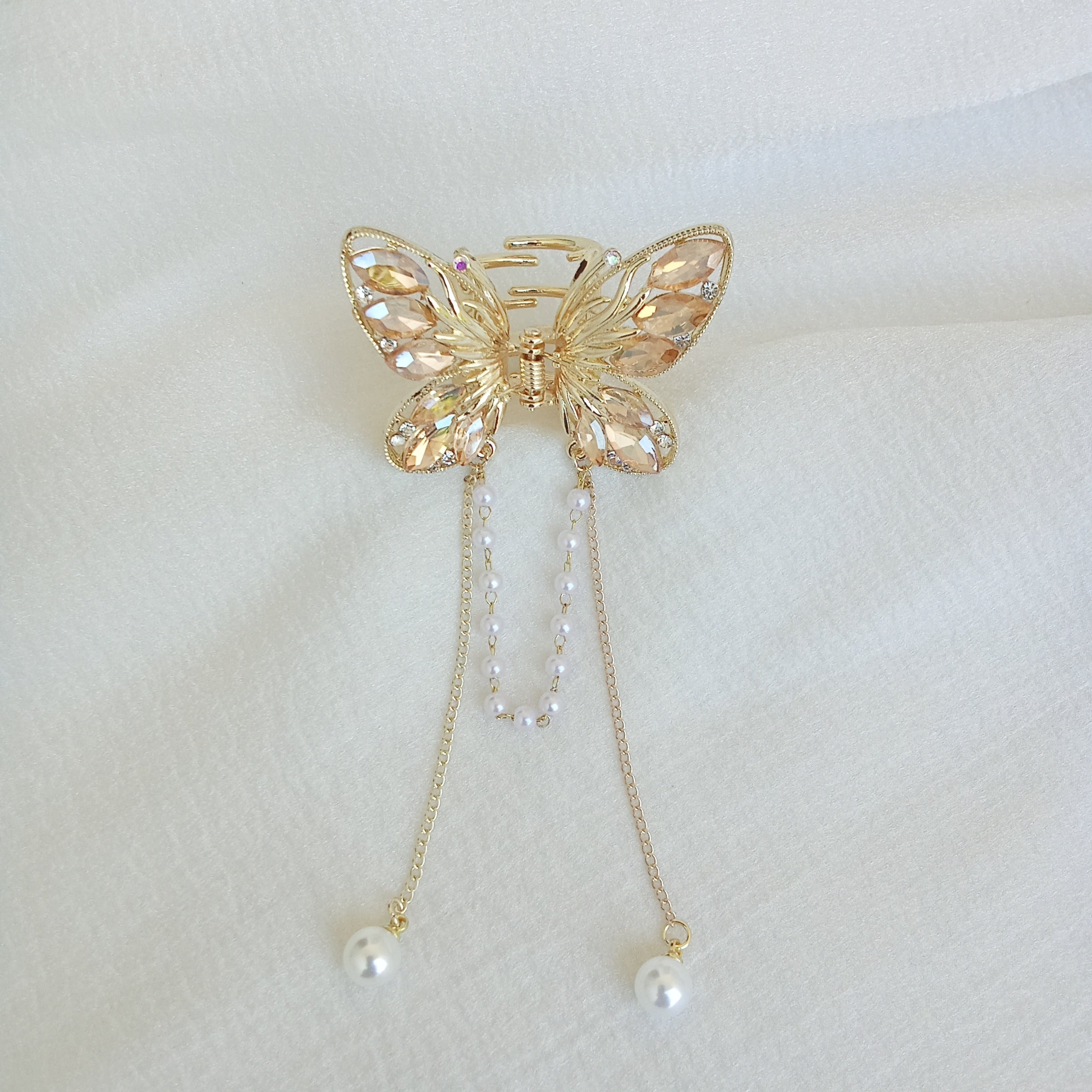 Gold-Tone Butterfly Hair Claw Clip with Peach Crystals & Dangling Pearl Chains