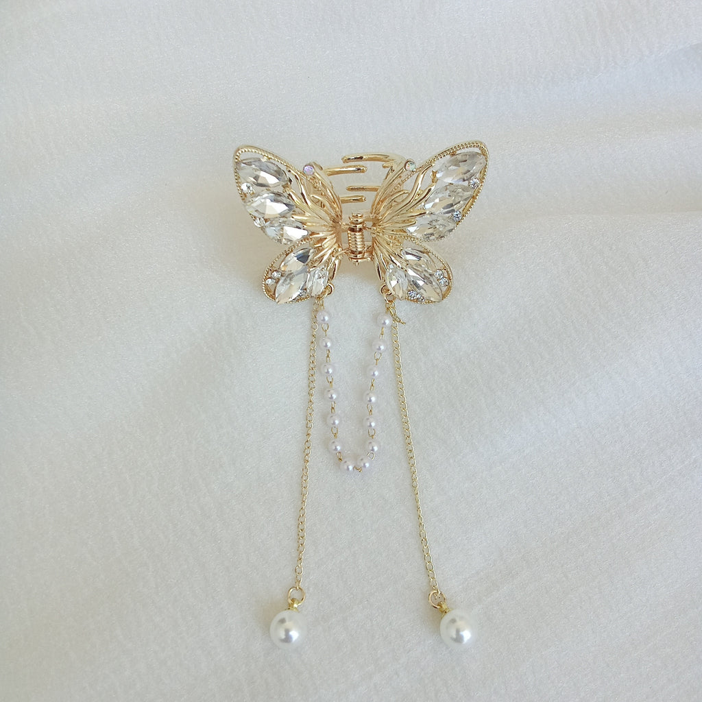 Gold-Tone Butterfly Hair Claw Clip with White Crystals & Dangling Pearl Chains