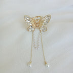 Gold-Tone Butterfly Hair Claw Clip with White Crystals & Dangling Pearl Chains