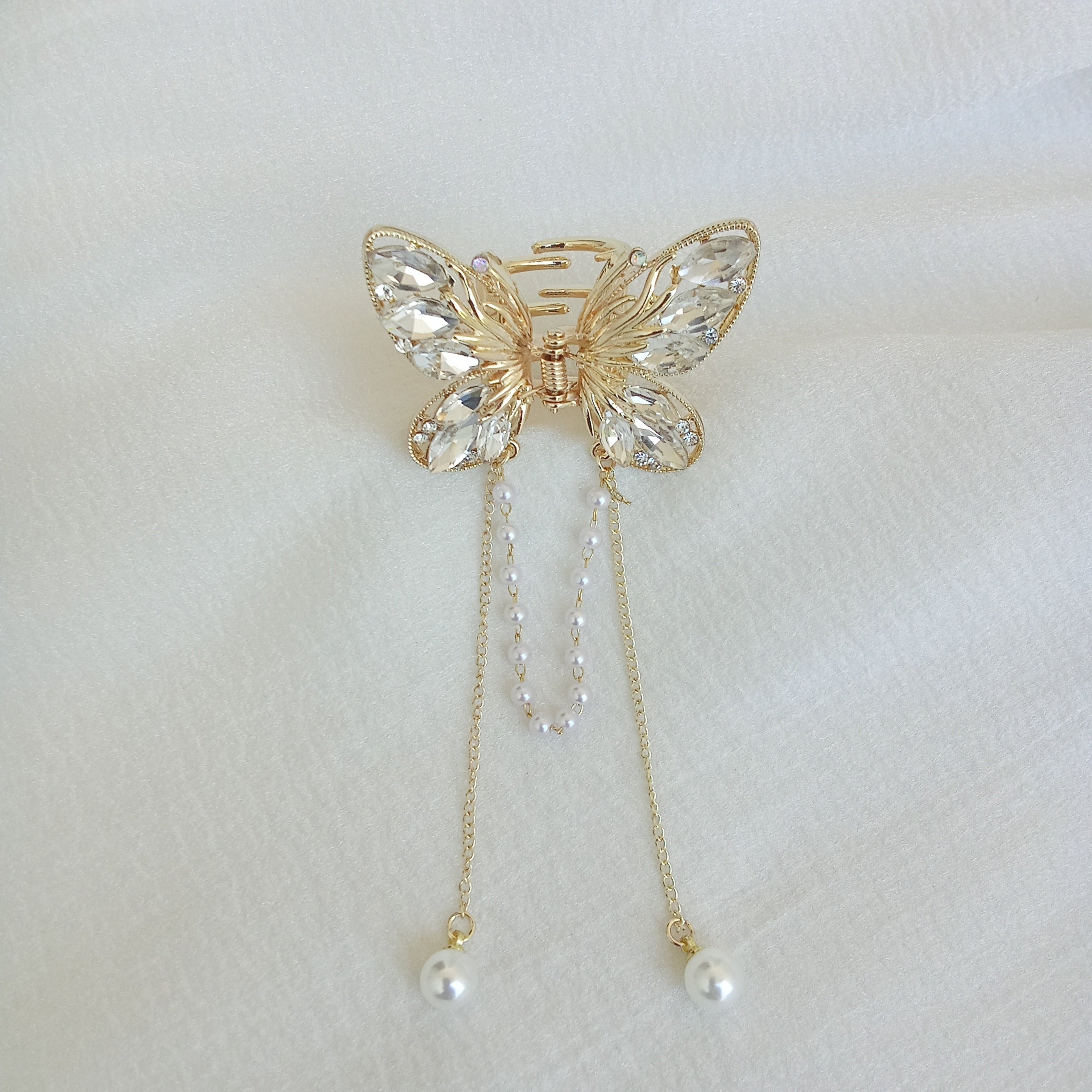 Gold-Tone Butterfly Hair Claw Clip with White Crystals & Dangling Pearl Chains
