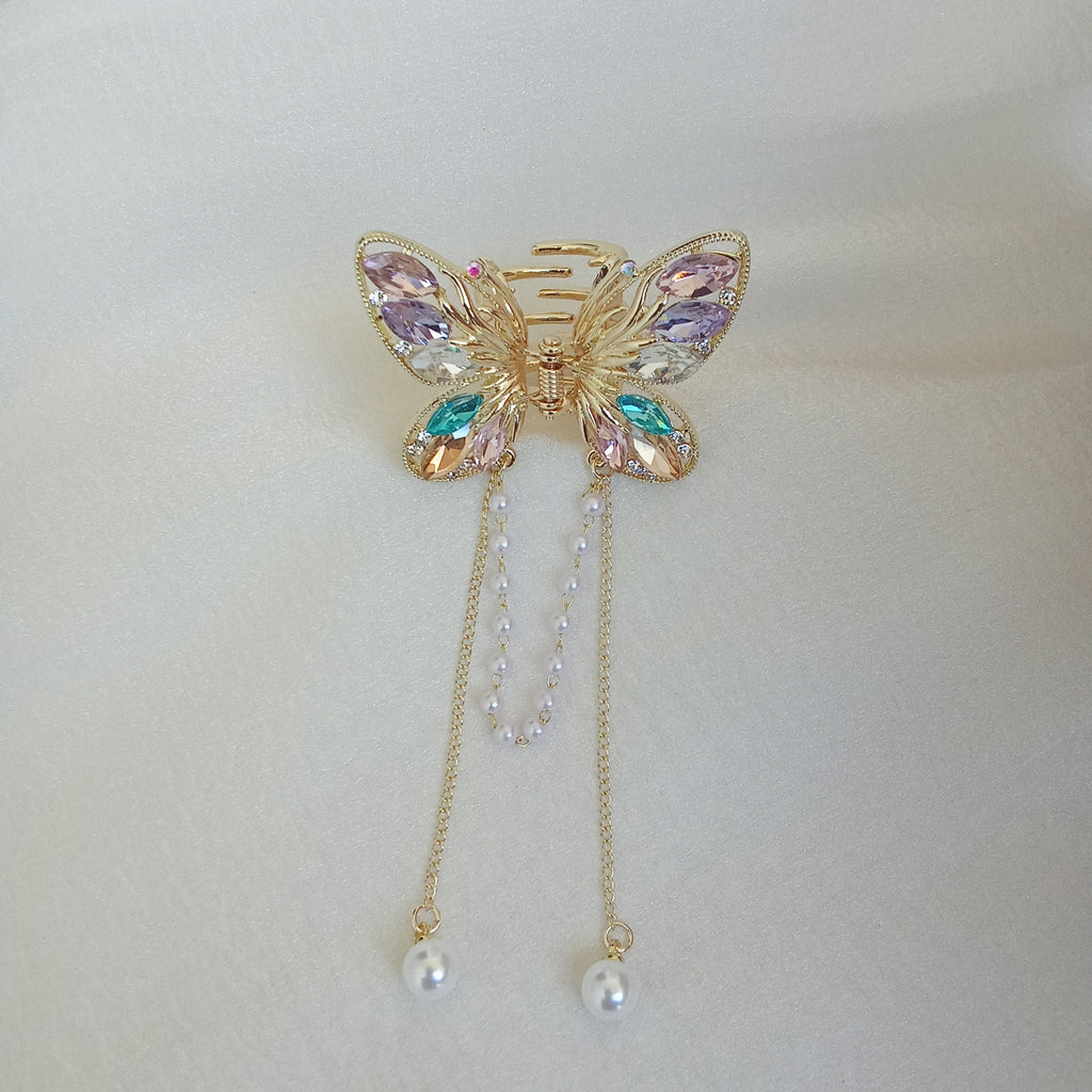 Gold-Tone Butterfly Hair Claw Clip with Multi-Color Crystals & Dangling Pearl Chains