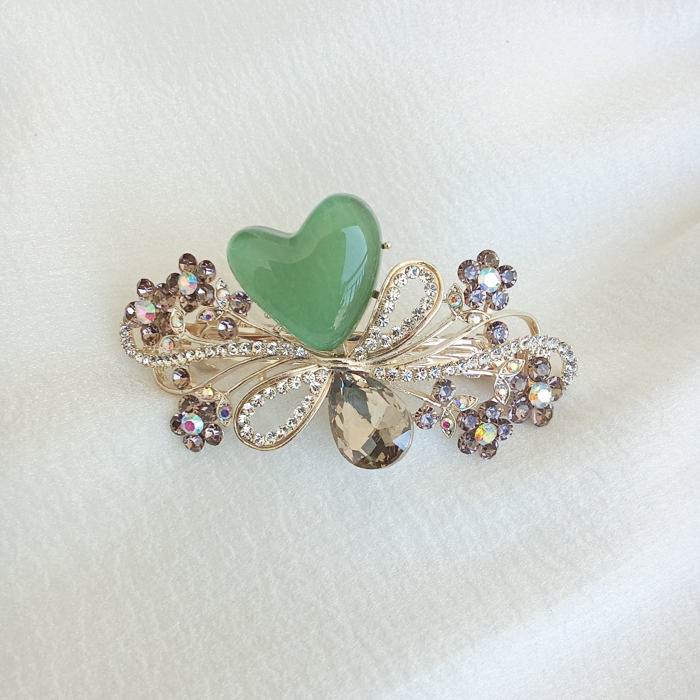 Vintage-Style Gold-Tone Floral Barrette with Jade Green Heart & Crystal Accents - Hair Clip