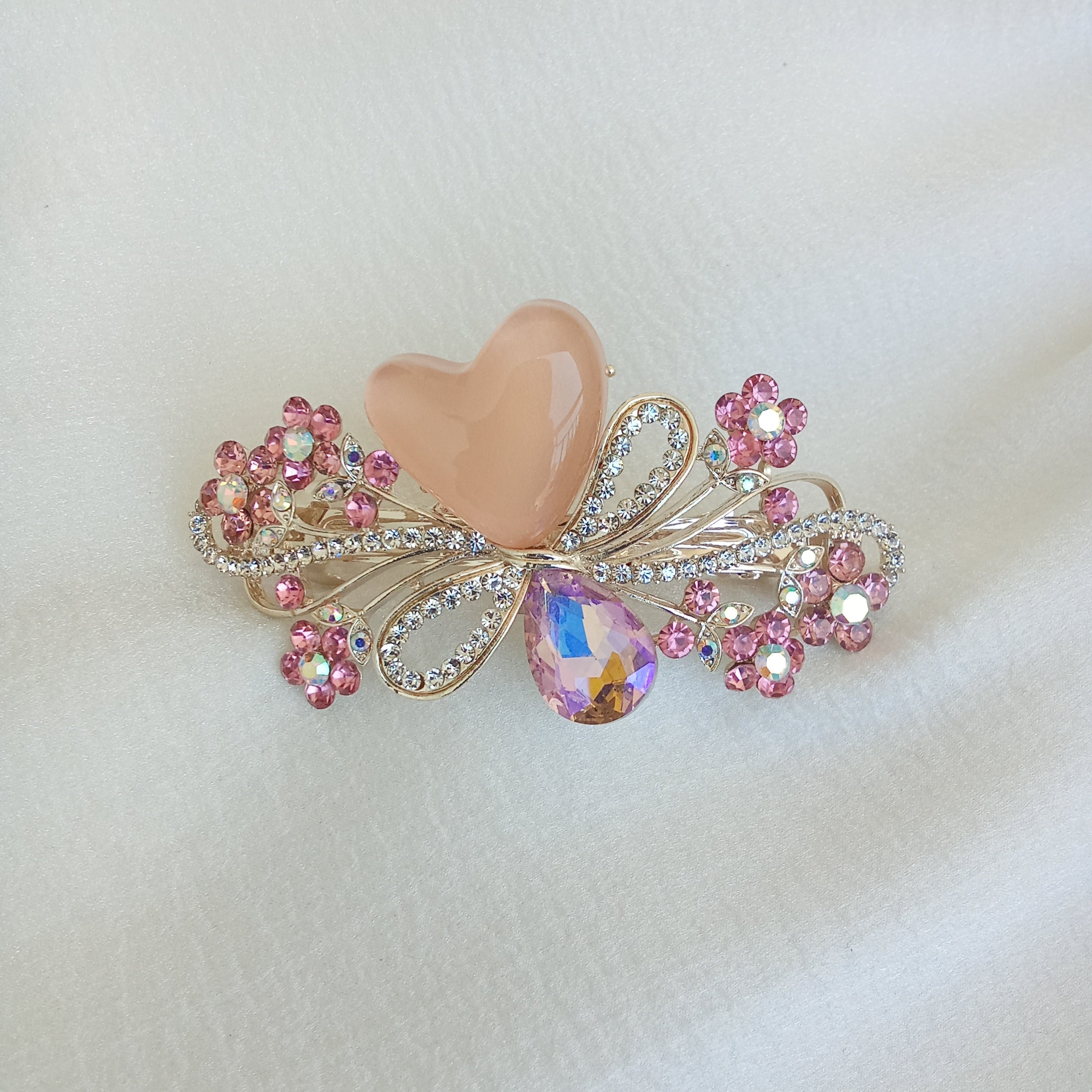 Vintage-Style Gold-Tone Floral Barrette with Peach Heart & Pink Crystal Accents - Hair Clip