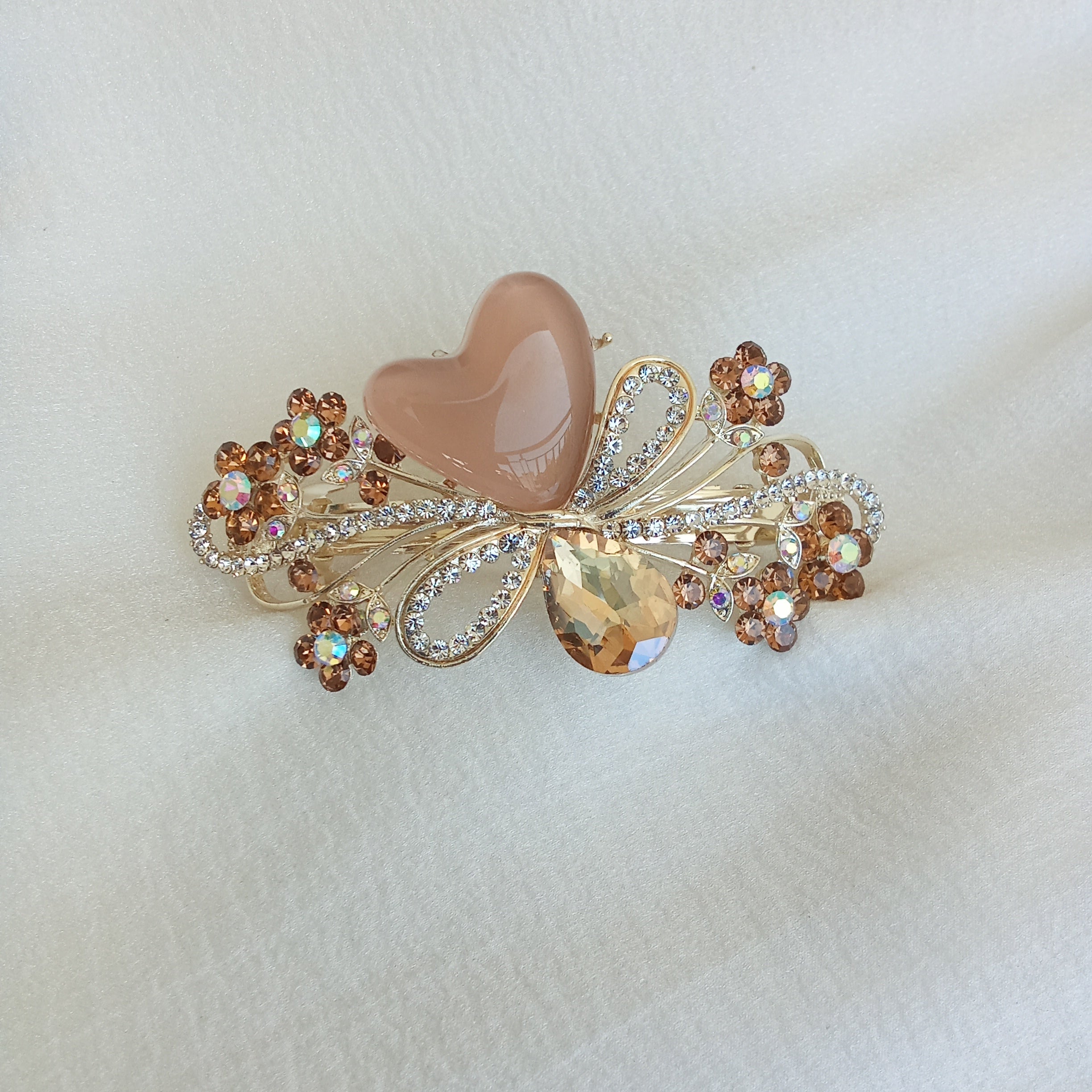 Vintage-Style Gold-Tone Floral Barrette with Nude Heart & Amber Crystal Accents - Hair Clip