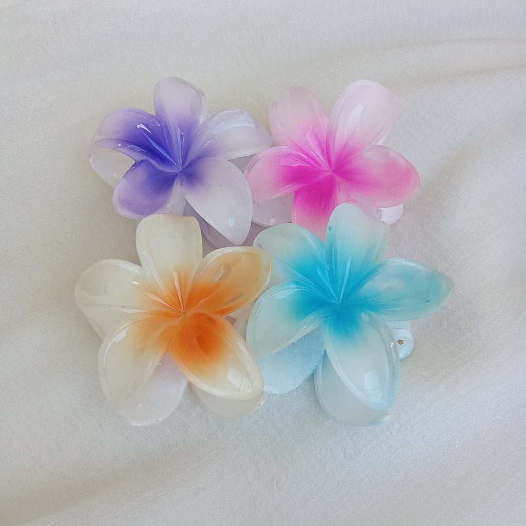 Plumeria Flower Hair Claw Clip, Set of 4 Clips. Featuring tropical gradient designs in Orange, Blue, Pink & Purple.