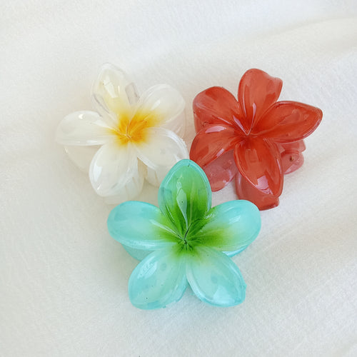 3-Piece Plumeria Flower Hair Claw Clip Set - Red, White and Green
