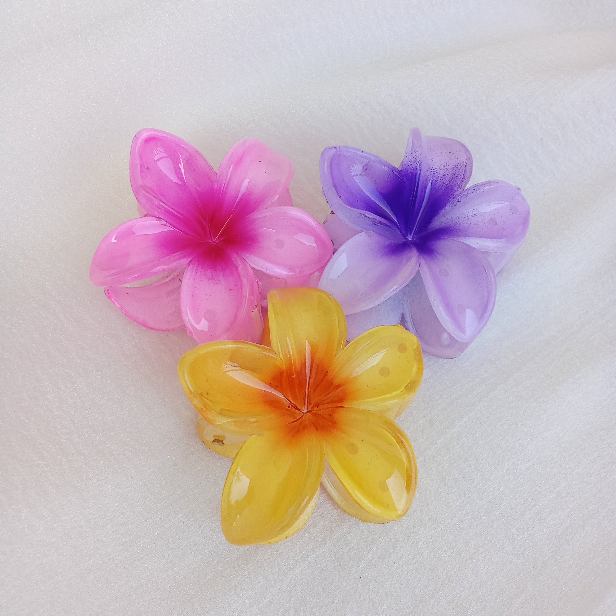 3-Piece Plumeria Flower Hair Claw Clip Set - Purple, Yellow and Pink