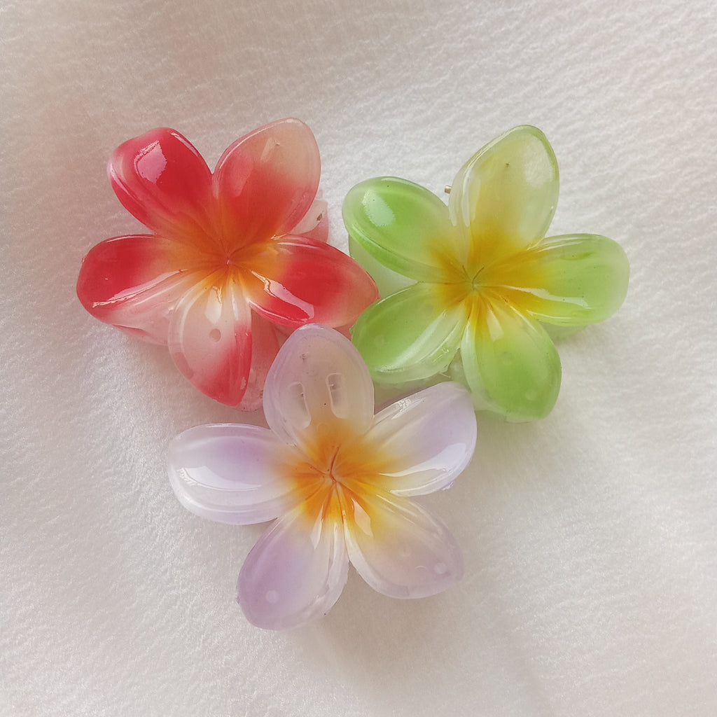 3-Piece Plumeria Flower Hair Claw Clip Set -Lavender, Green and Red