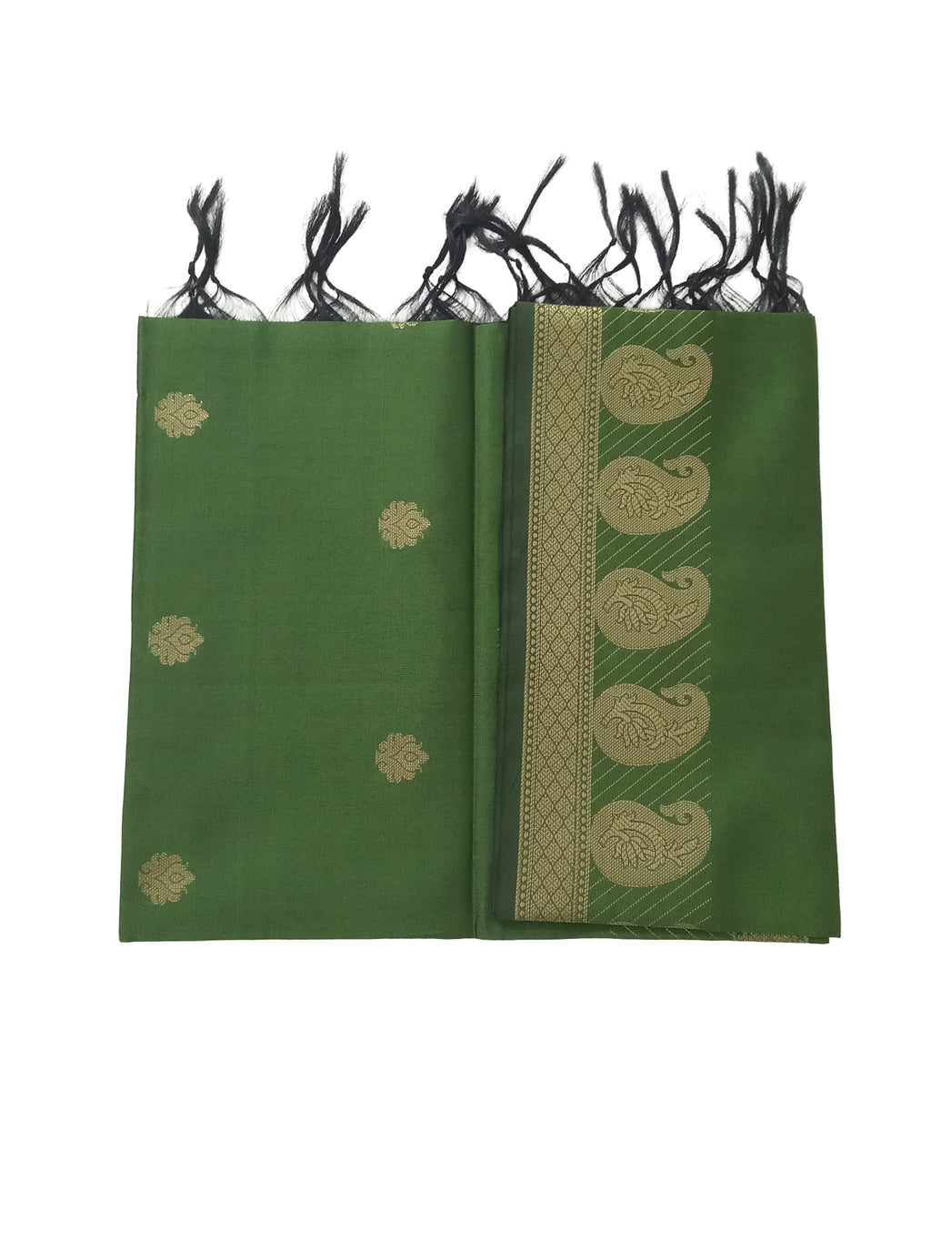 A Banarasi-inspired Sap Green Art Silk Dupatta with Tassels by Ladylike Accoutre, displayed on a clean white background. Features gold zari butti floral motifs and an intricate paisley border.