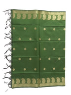 A Banarasi-inspired Sap Green Art Silk Dupatta with Tassels by Ladylike Accoutre, displayed on a clean white background. Features gold zari butti floral motifs and an intricate paisley border.