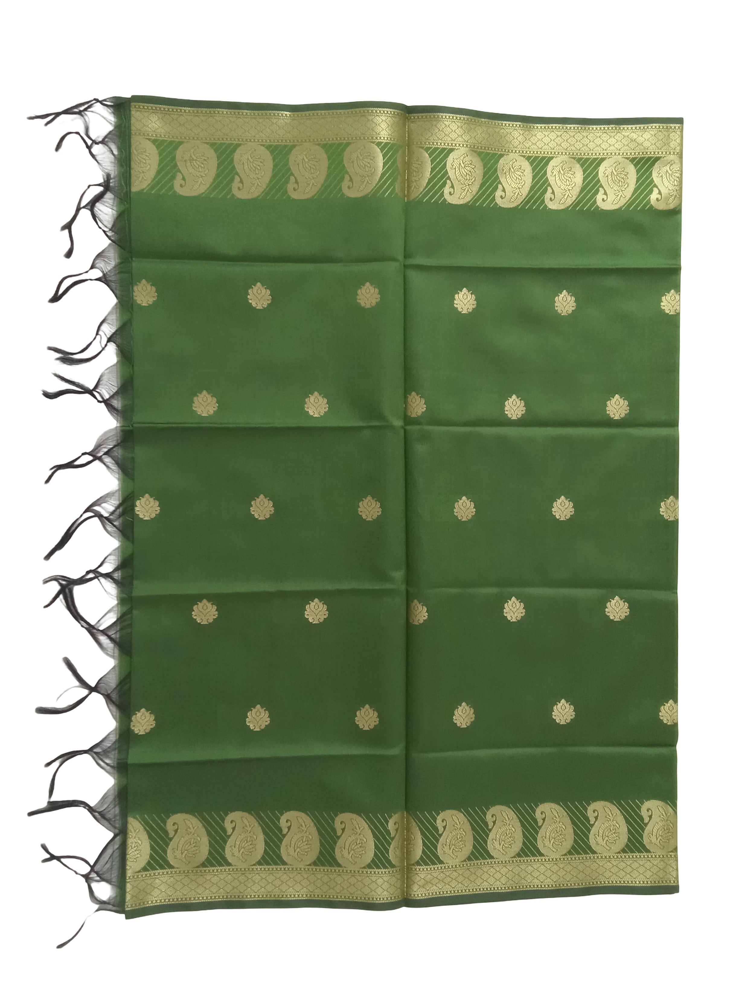 A Banarasi-inspired Sap Green Art Silk Dupatta with Tassels by Ladylike Accoutre, displayed on a clean white background. Features gold zari butti floral motifs and an intricate paisley border.