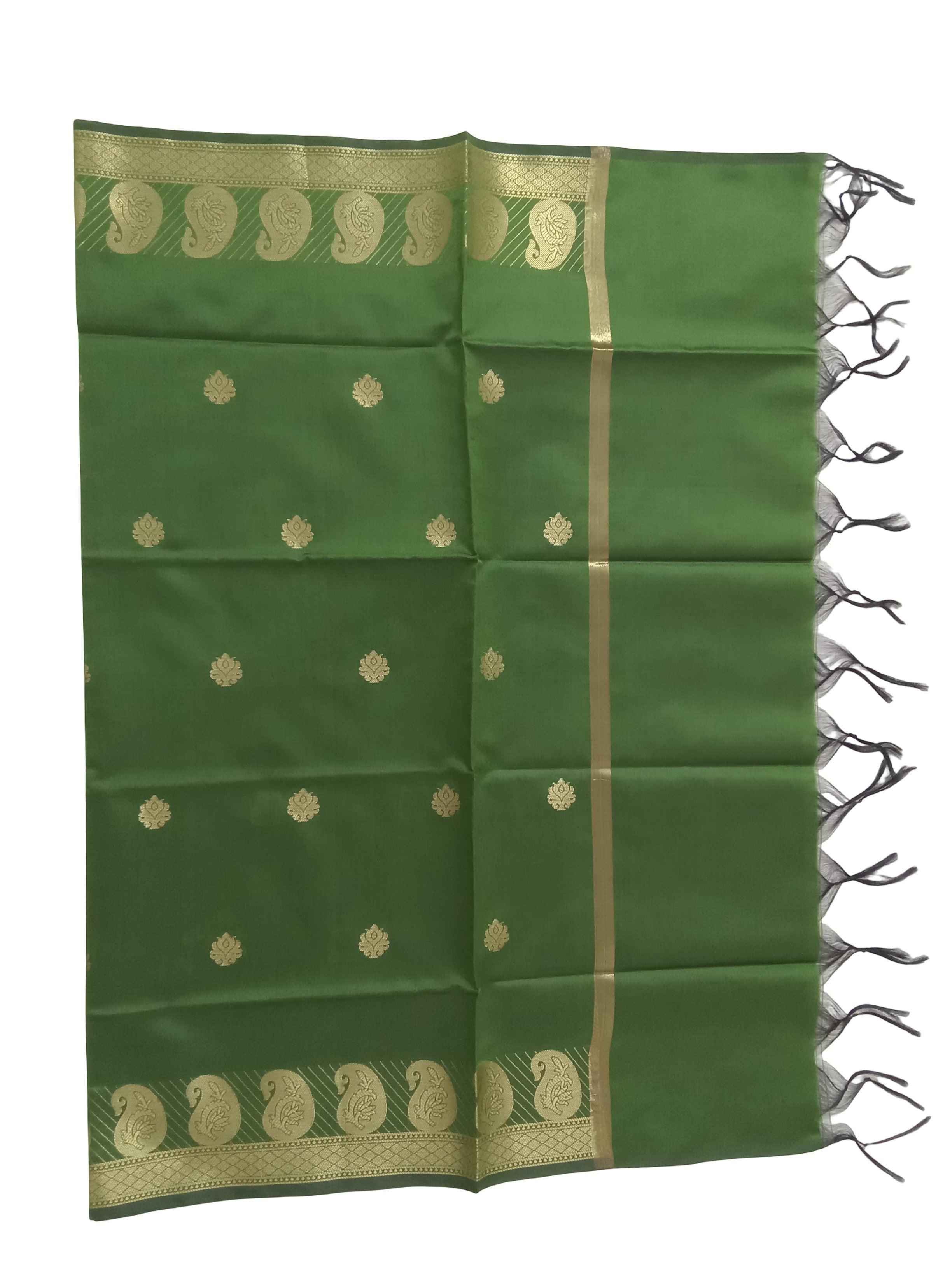 A Banarasi-inspired Sap Green Art Silk Dupatta with Tassels by Ladylike Accoutre, displayed on a clean white background. Features gold zari butti floral motifs and an intricate paisley border.