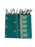 A Banarasi-inspired Peacock Green Art Silk Dupatta with Tassels by Ladylike Accoutre, displayed on a clean white background. Features gold zari butti floral motifs and an intricate paisley border.