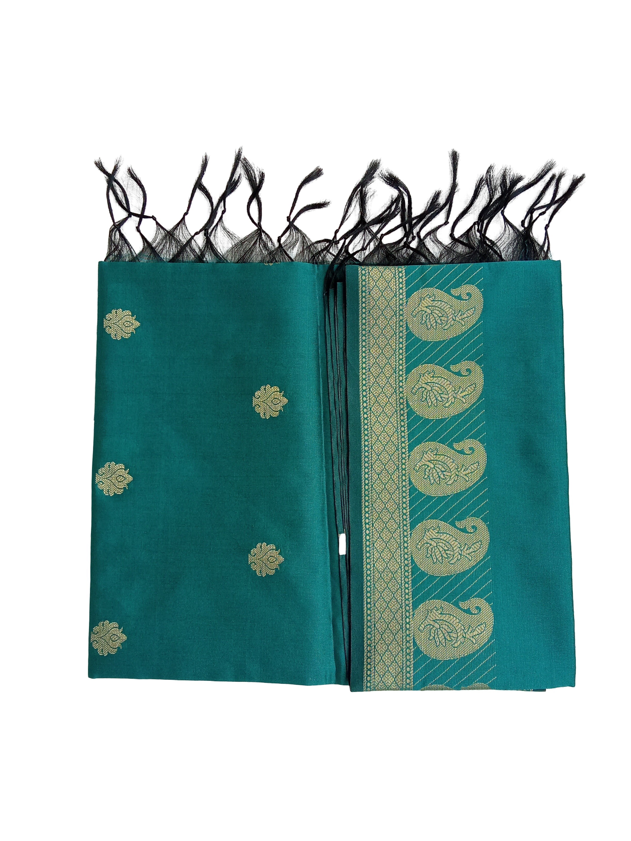 A Banarasi-inspired Peacock Green Art Silk Dupatta with Tassels by Ladylike Accoutre, displayed on a clean white background. Features gold zari butti floral motifs and an intricate paisley border.