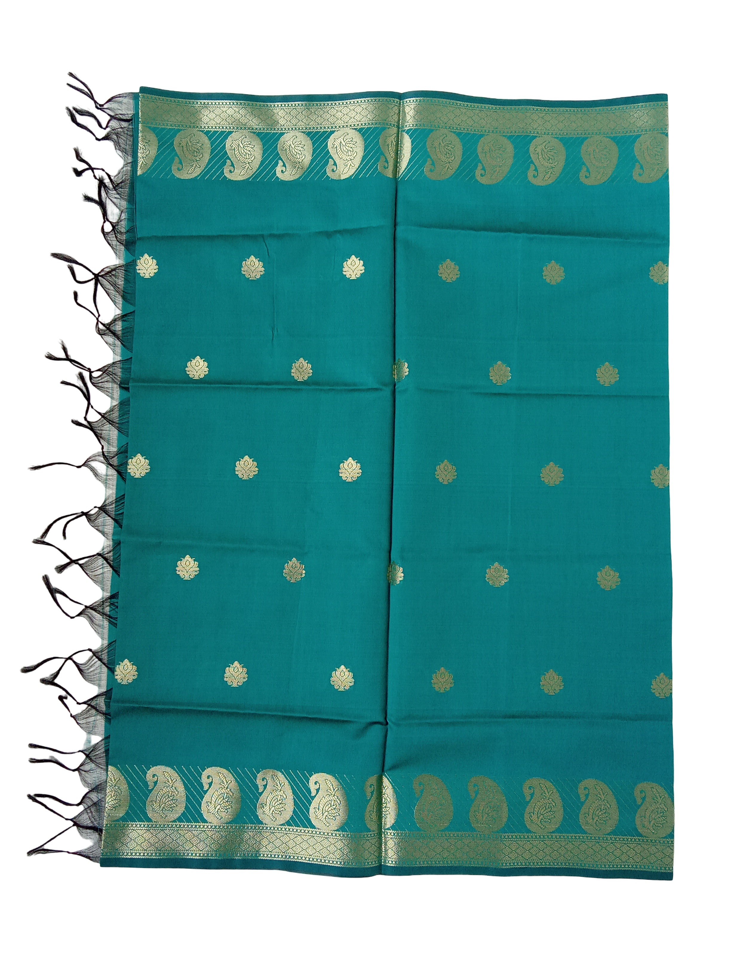 A Banarasi-inspired Peacock Green Art Silk Dupatta with Tassels by Ladylike Accoutre, displayed on a clean white background. Features gold zari butti floral motifs and an intricate paisley border.