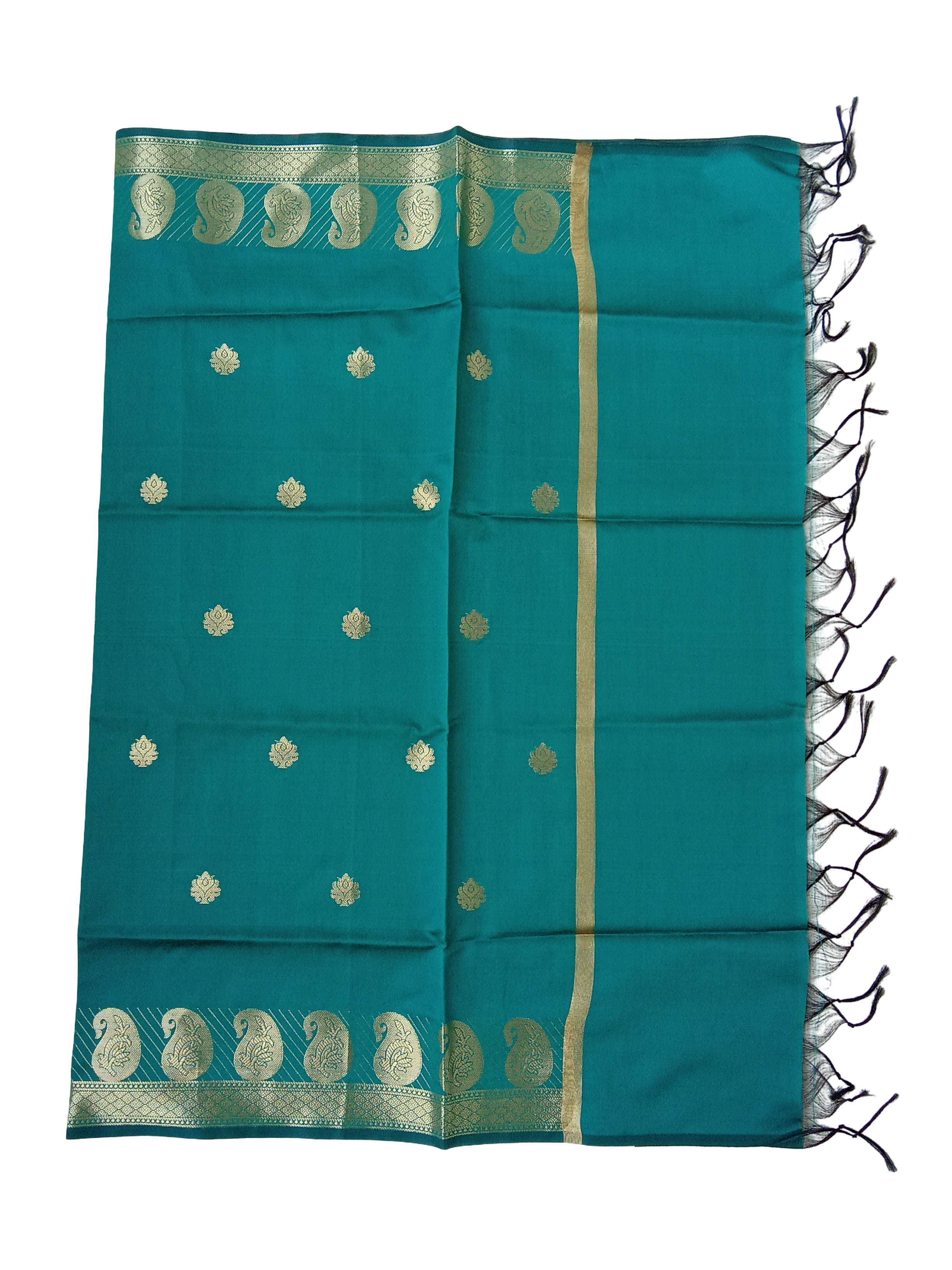 A Banarasi-inspired Peacock Green Art Silk Dupatta with Tassels by Ladylike Accoutre, displayed on a clean white background. Features gold zari butti floral motifs and an intricate paisley border.