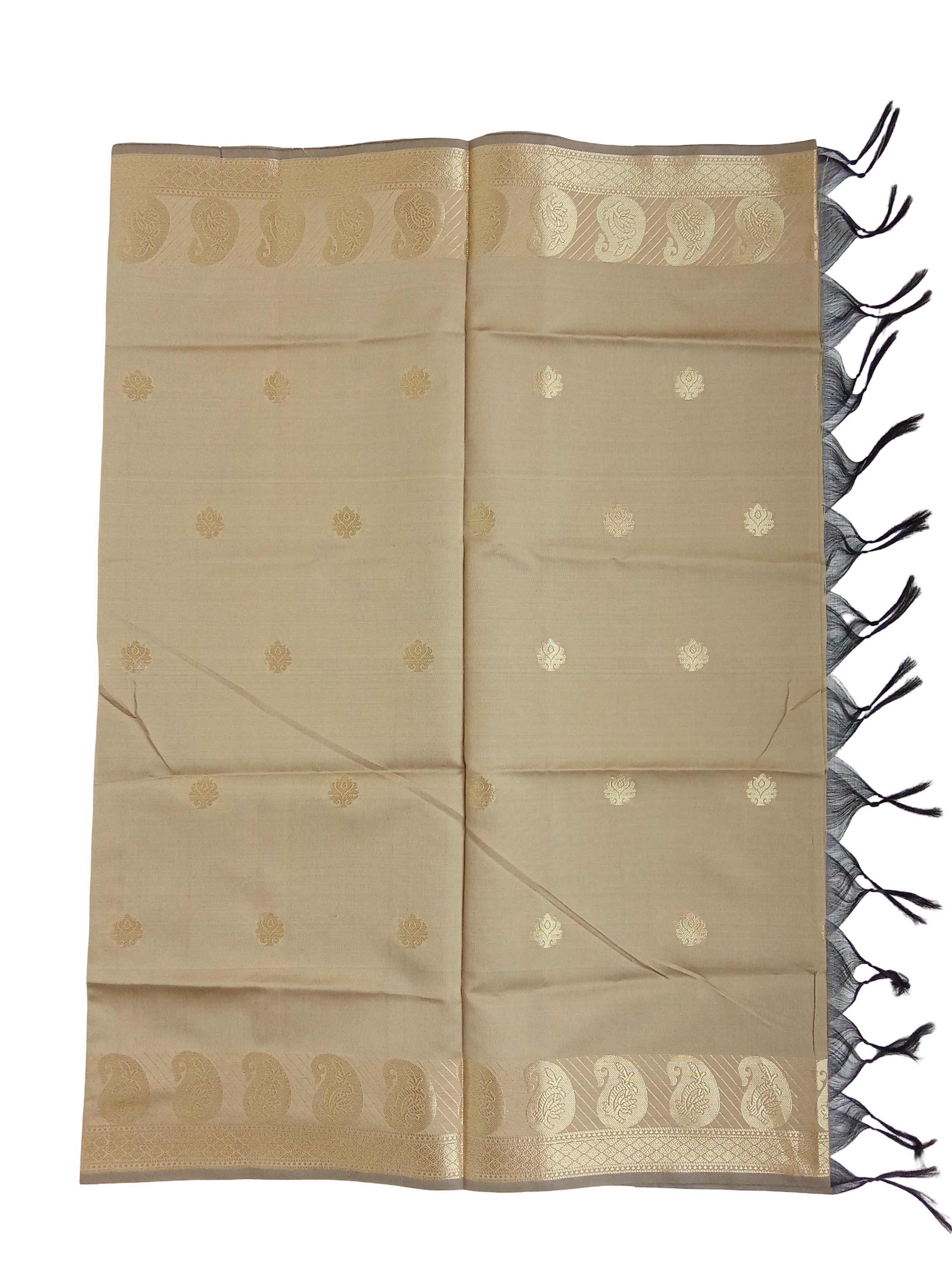 A Banarasi-inspired Golden Cream Art Silk Dupatta with Tassels by Ladylike Accoutre, displayed on a clean white background. Features gold zari butti floral motifs and an intricate paisley border.