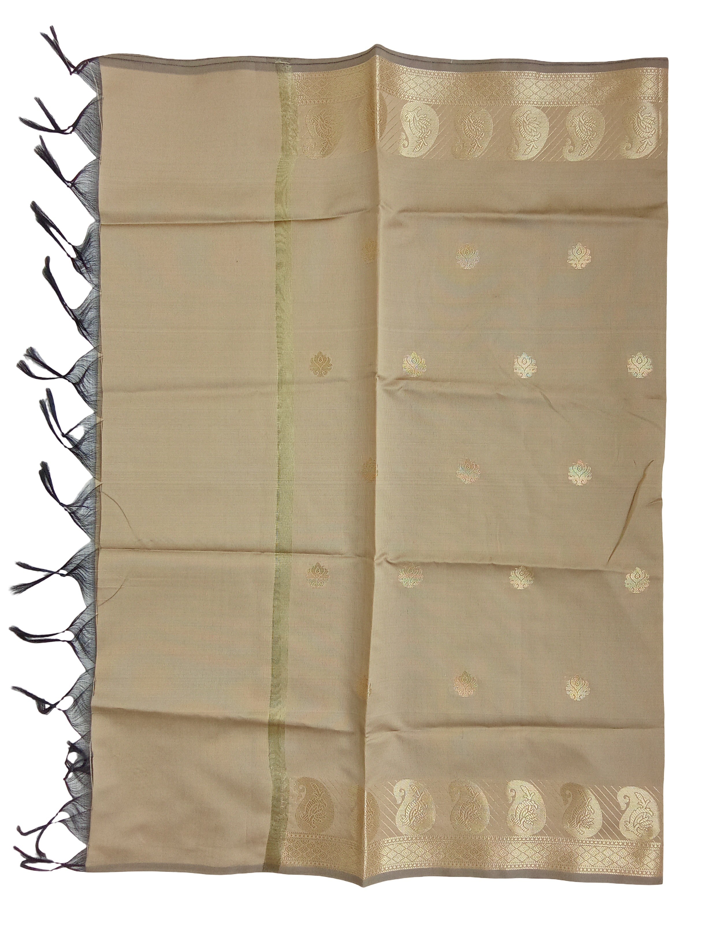 A Banarasi-inspired Golden Cream Art Silk Dupatta with Tassels by Ladylike Accoutre, displayed on a clean white background. Features gold zari butti floral motifs and an intricate paisley border.