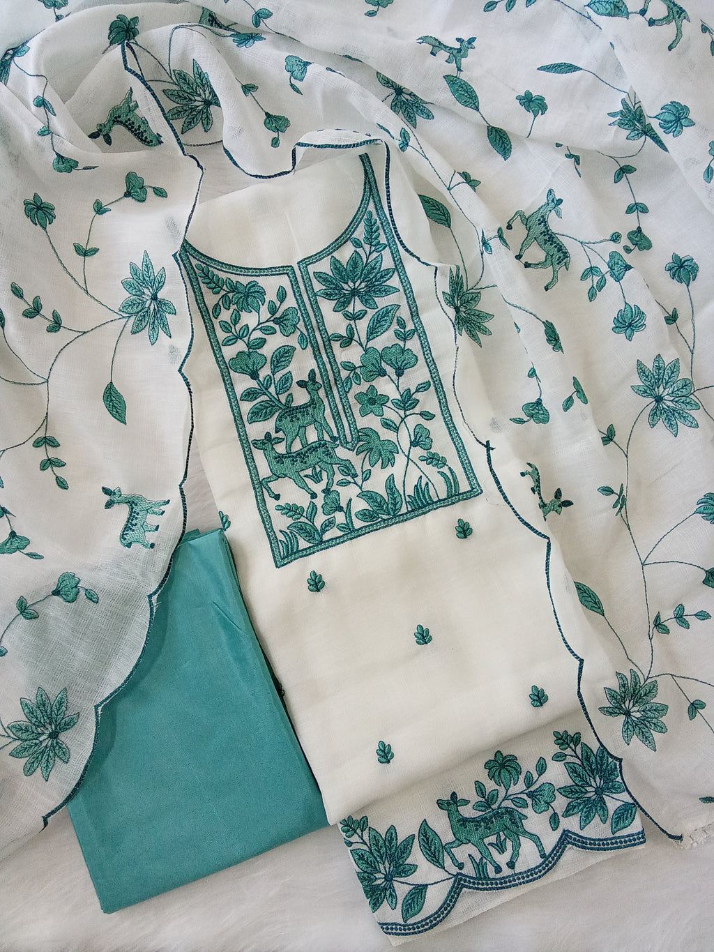 White Kota Doria Salwar Kameez Suit with Aqua Green Embroidery
