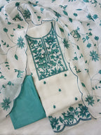 White Kota Doria Salwar Kameez Suit with Aqua Green Embroidery
