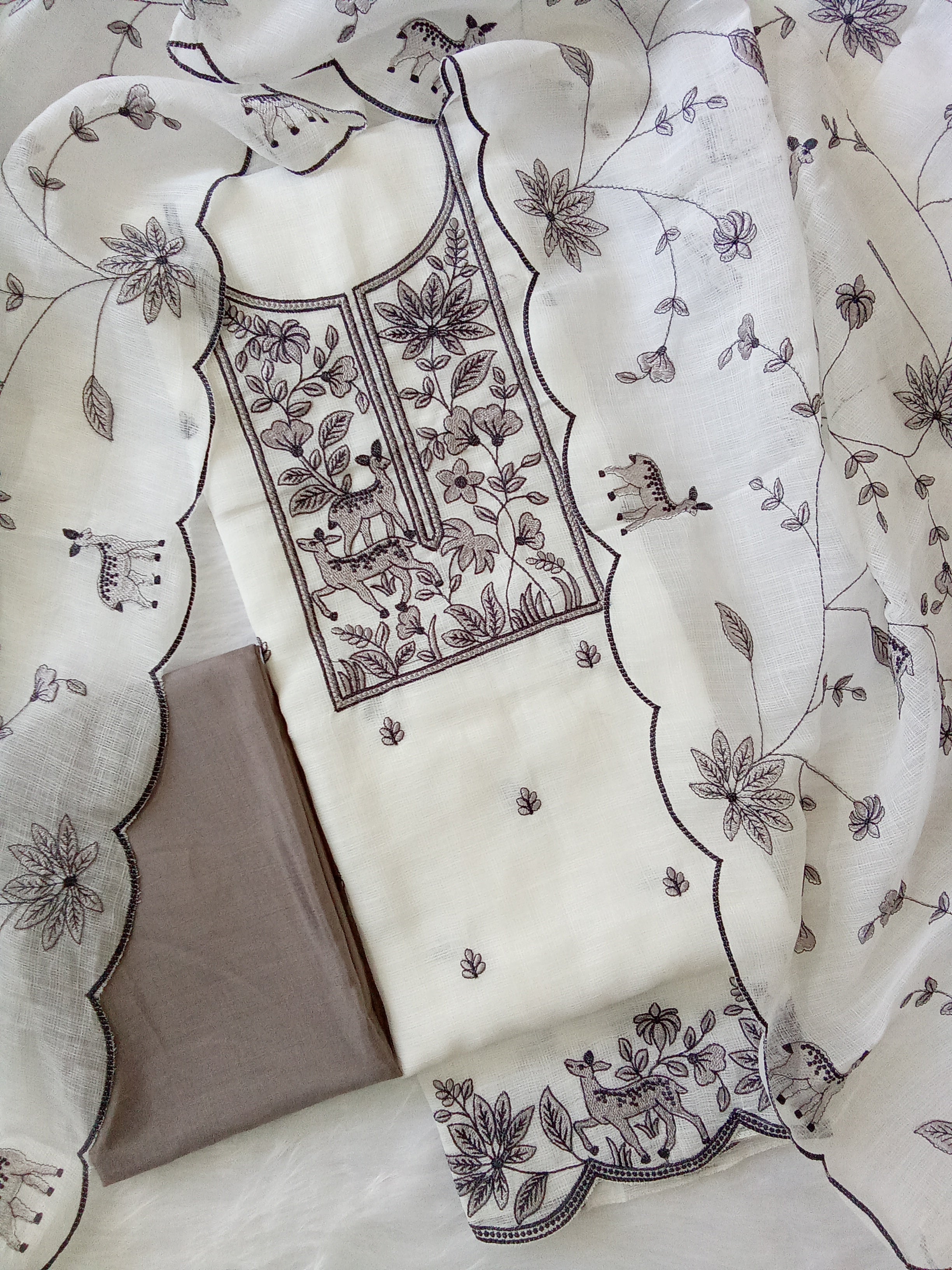 White Kota Doria Salwar Kameez Suit with Grey Embroidery