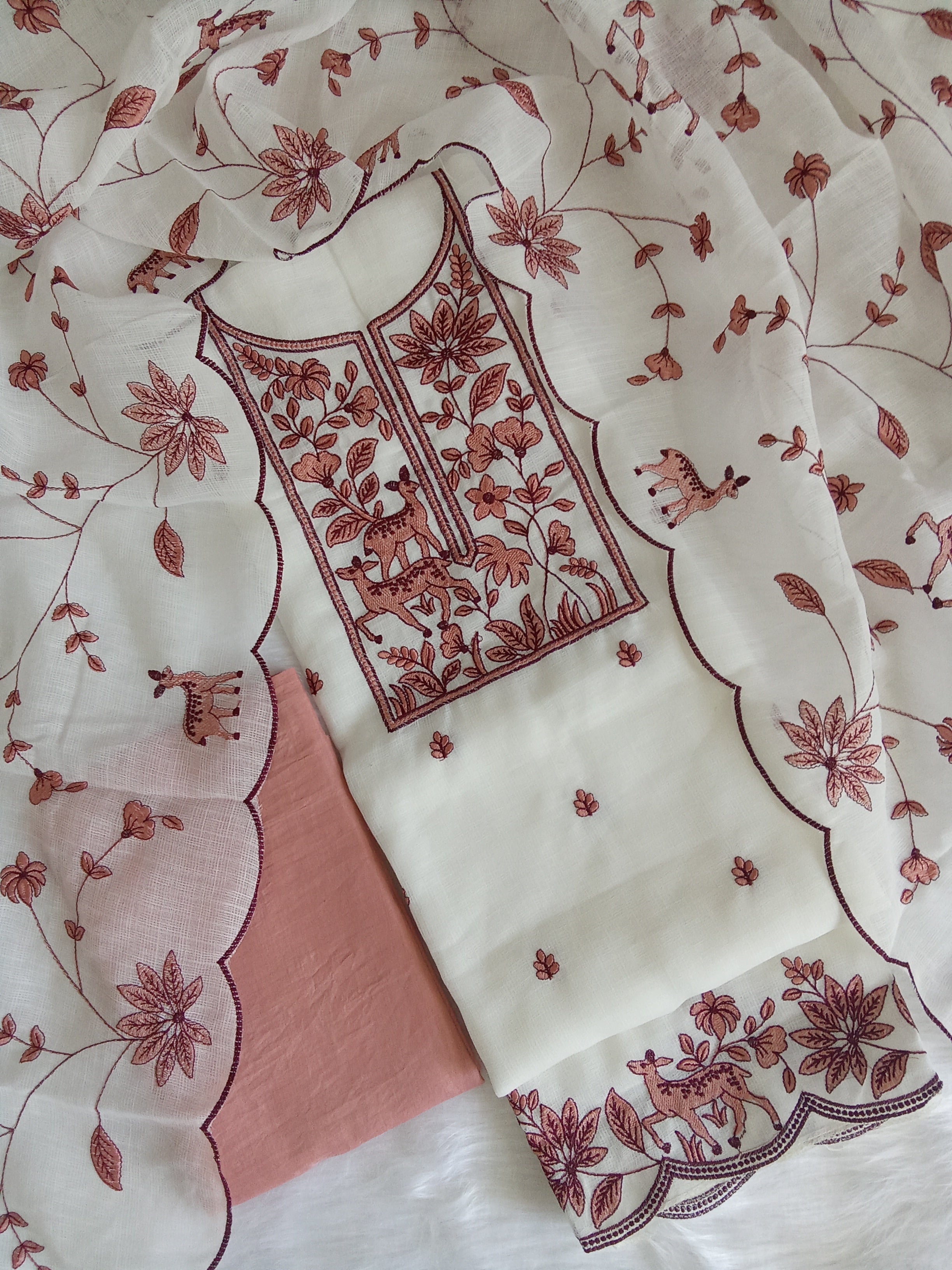 White Kota Doria Salwar Kameez Suit with Creamy Peach Embroidery