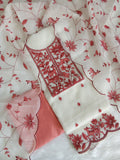 White Kota Doria Salwar Kameez Suit with Coral Peach Embroidery