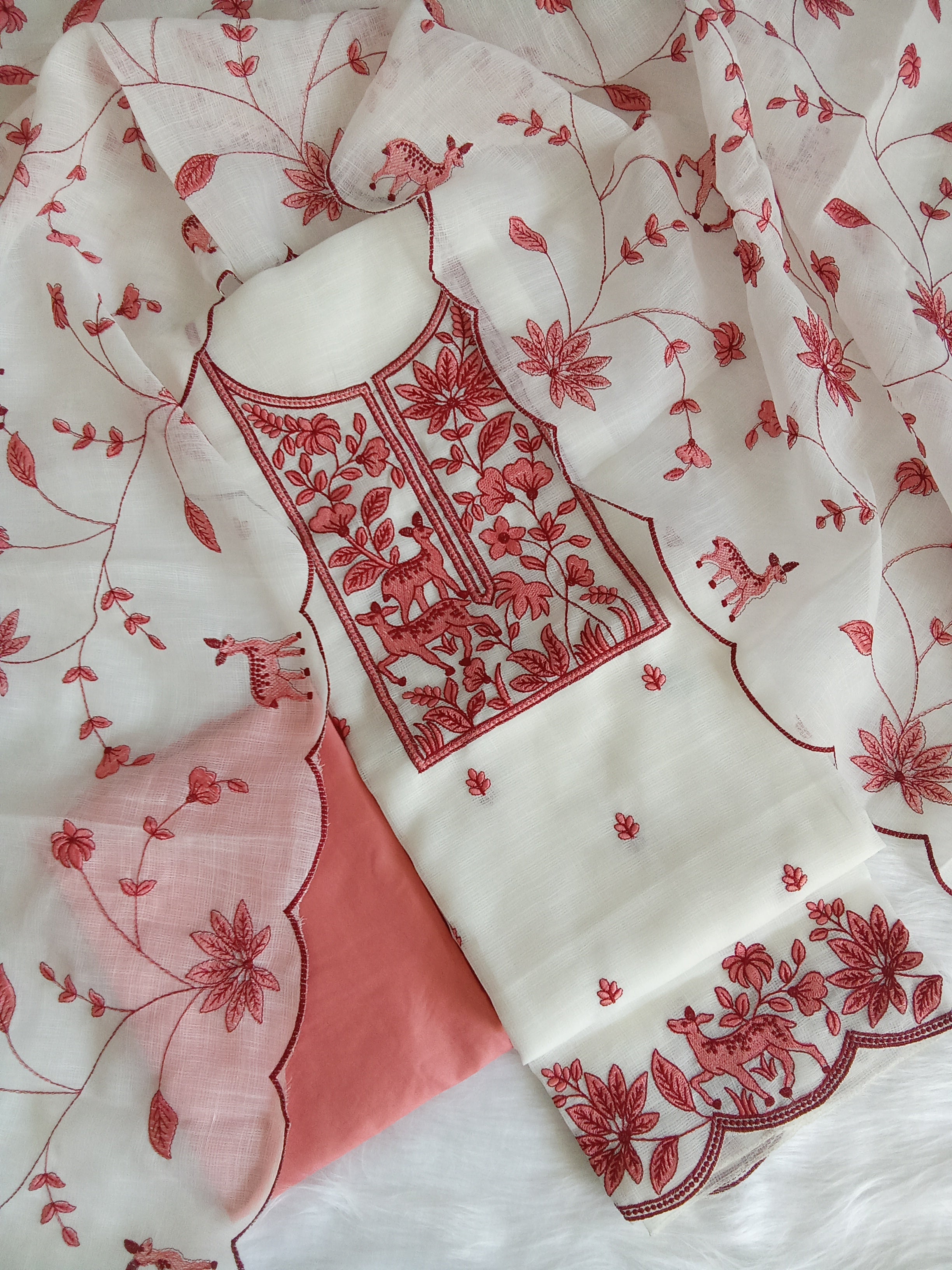 White Kota Doria Salwar Kameez Suit with Coral Peach Embroidery