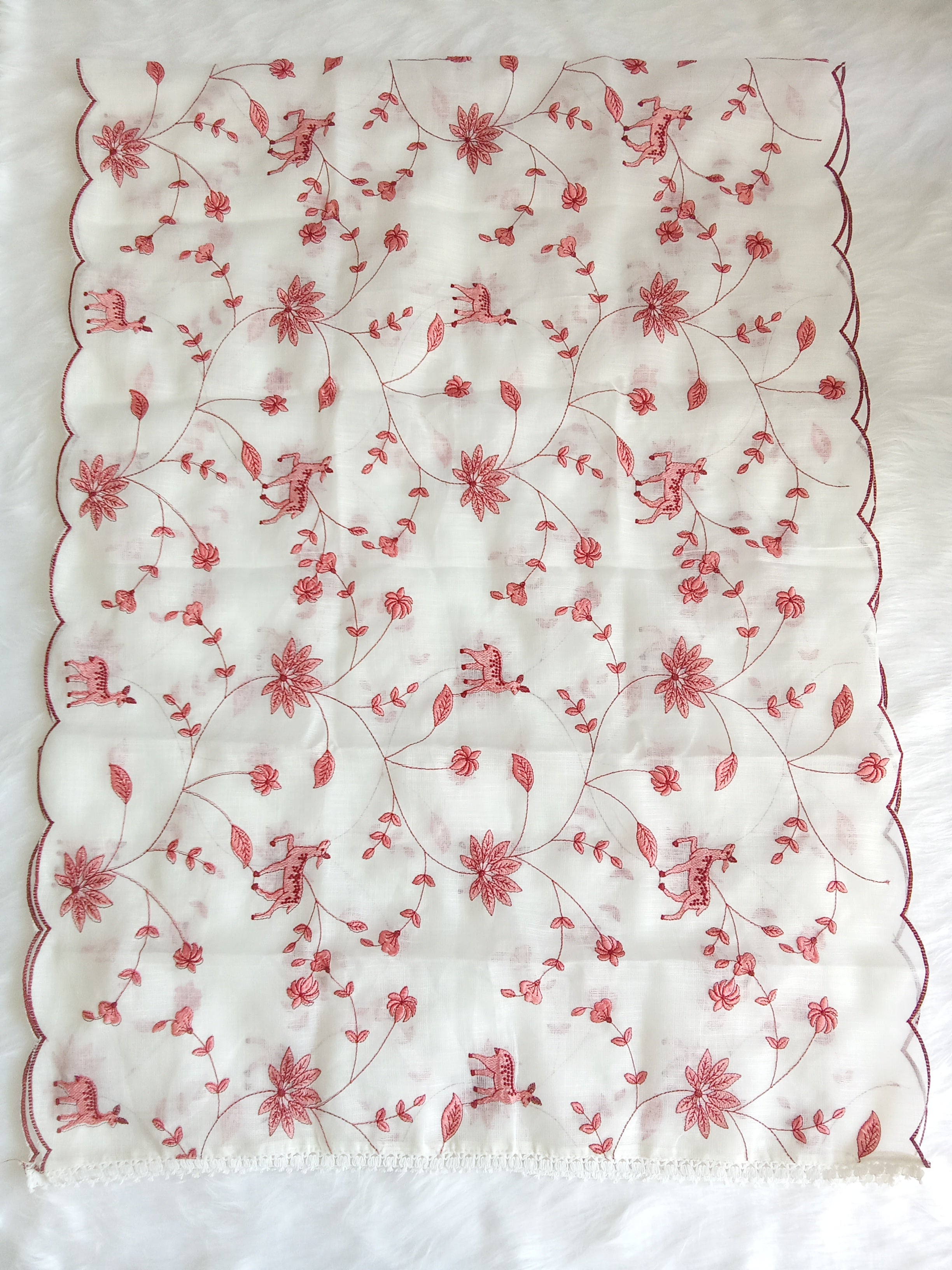 White Kota Doria Salwar Kameez Suit with Coral Peach Embroidery