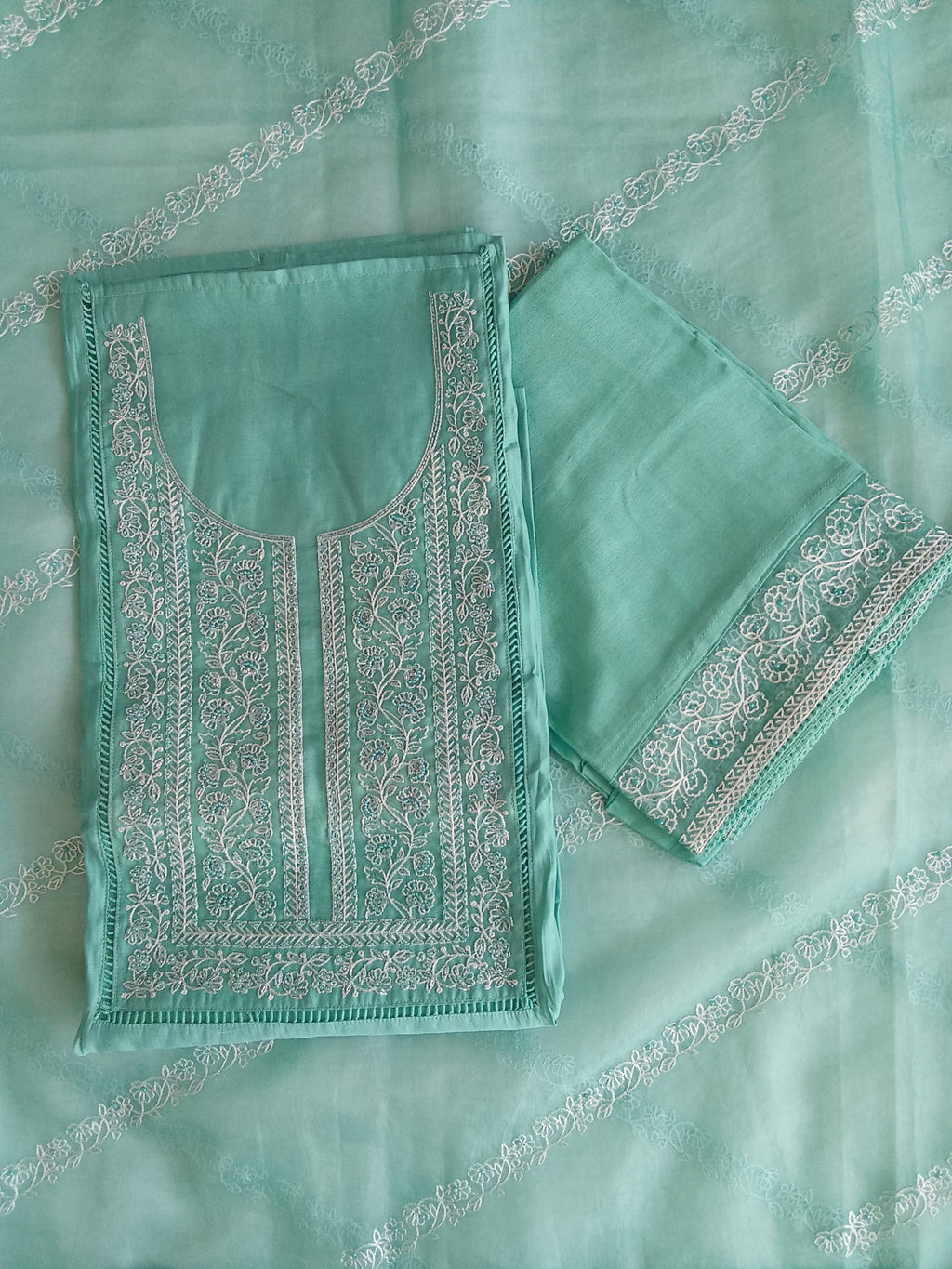 Aqua Green Muslin Silk Salwar Kameez Suit with Floral Embroidery & Organza Dupatta