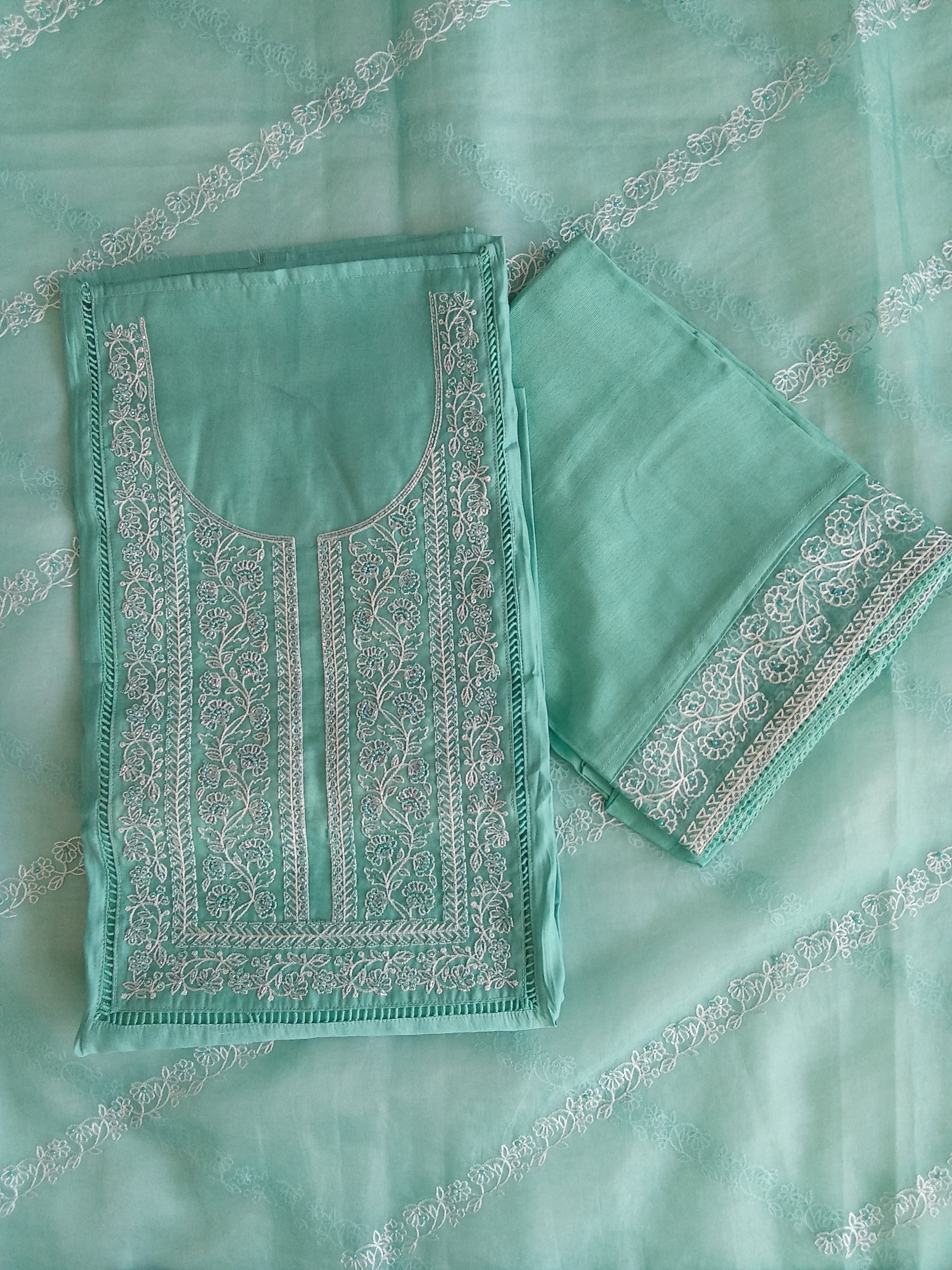 Aqua Green Muslin Silk Salwar Kameez Suit with Floral Embroidery & Organza Dupatta
