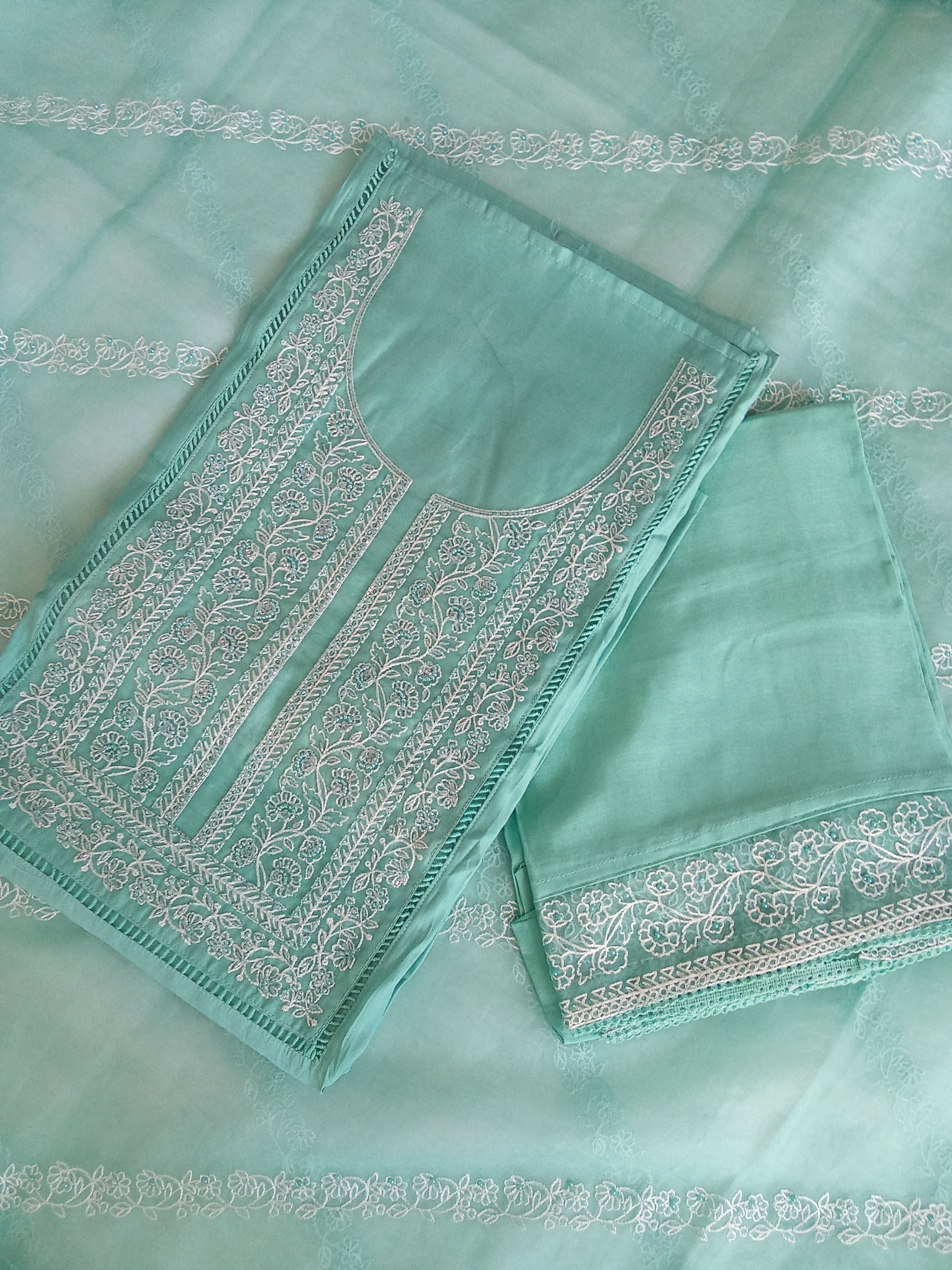 Aqua Green Muslin Silk Salwar Kameez Suit with Floral Embroidery & Organza Dupatta