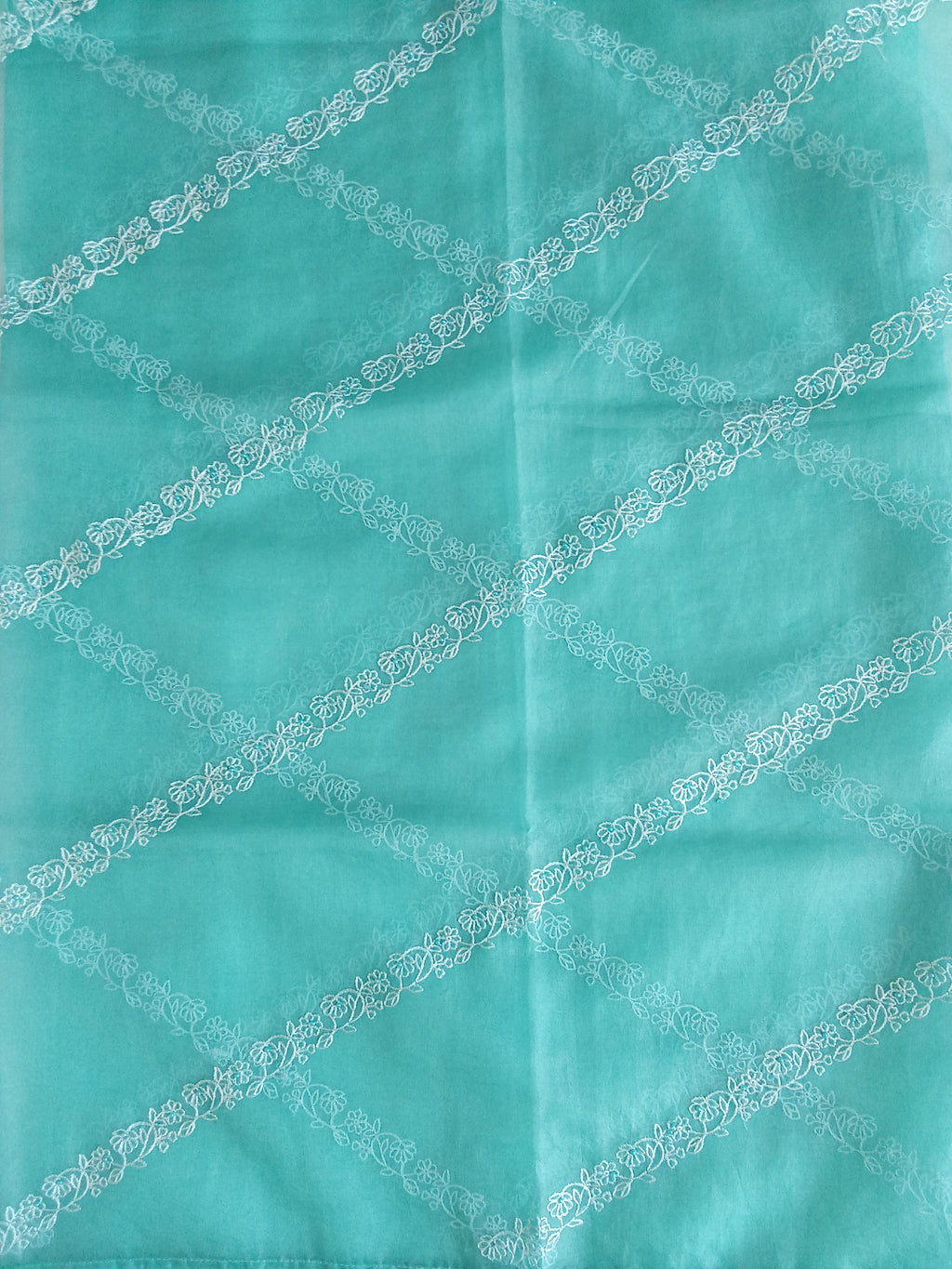 Aqua Green Muslin Silk Salwar Kameez Suit with Floral Embroidery & Organza Dupatta