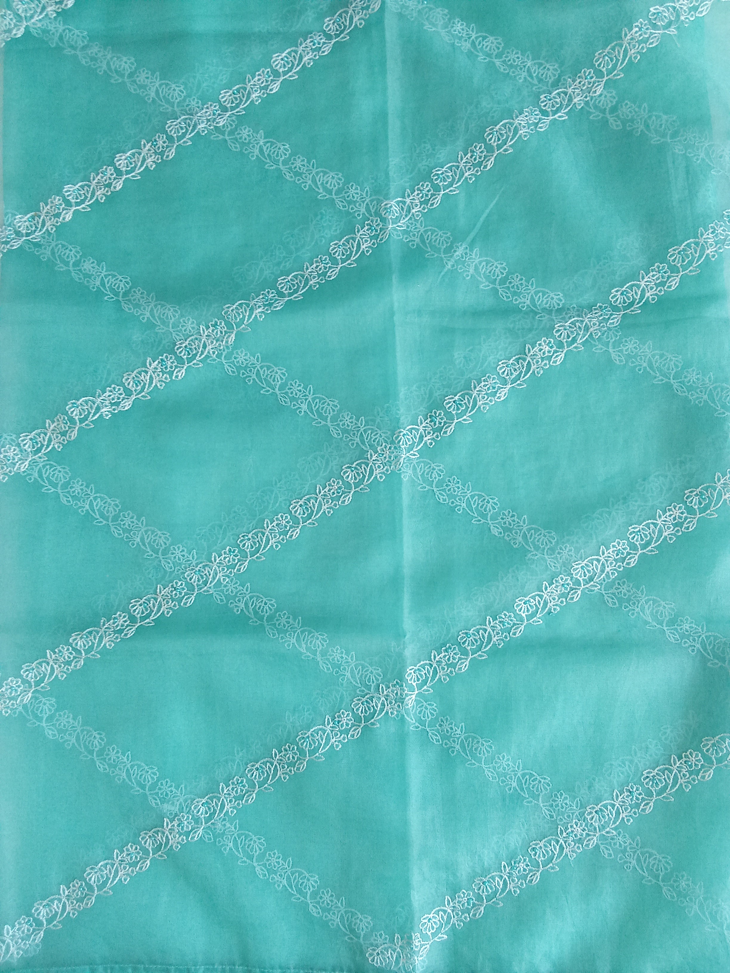 Aqua Green Muslin Silk Salwar Kameez Suit with Floral Embroidery & Organza Dupatta