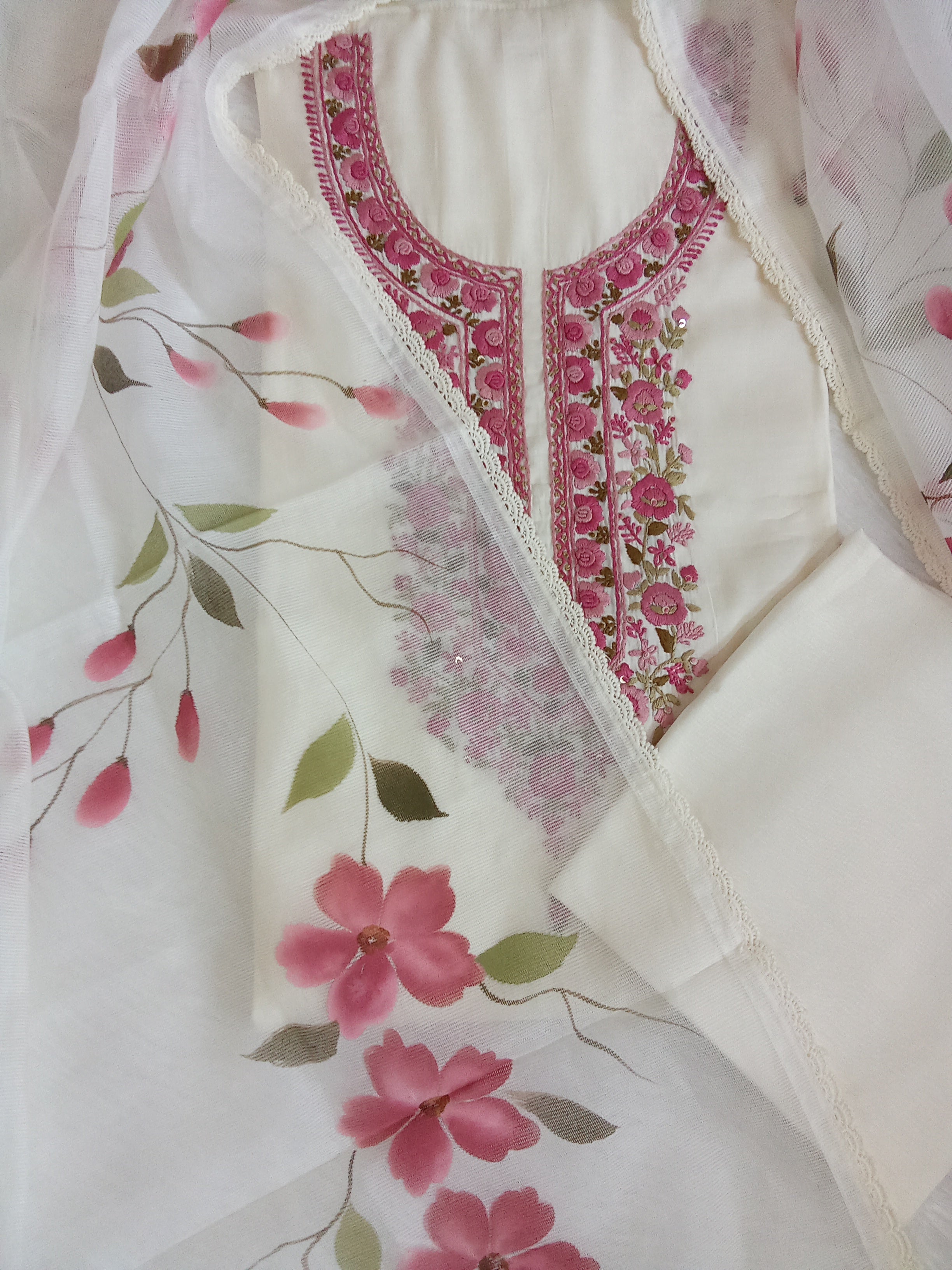 Off-White Jam Silk Unstitched Salwar Kameez Suit with Floral Printed Dupatta