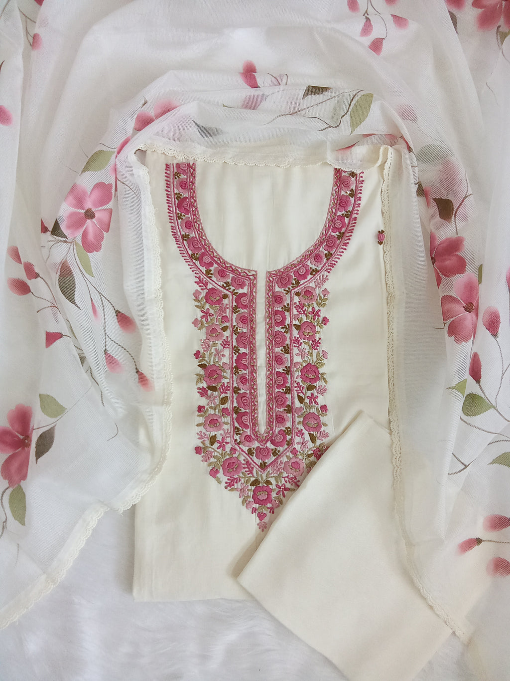 Off-White Jam Silk Unstitched Salwar Kameez Suit with Floral Printed Dupatta